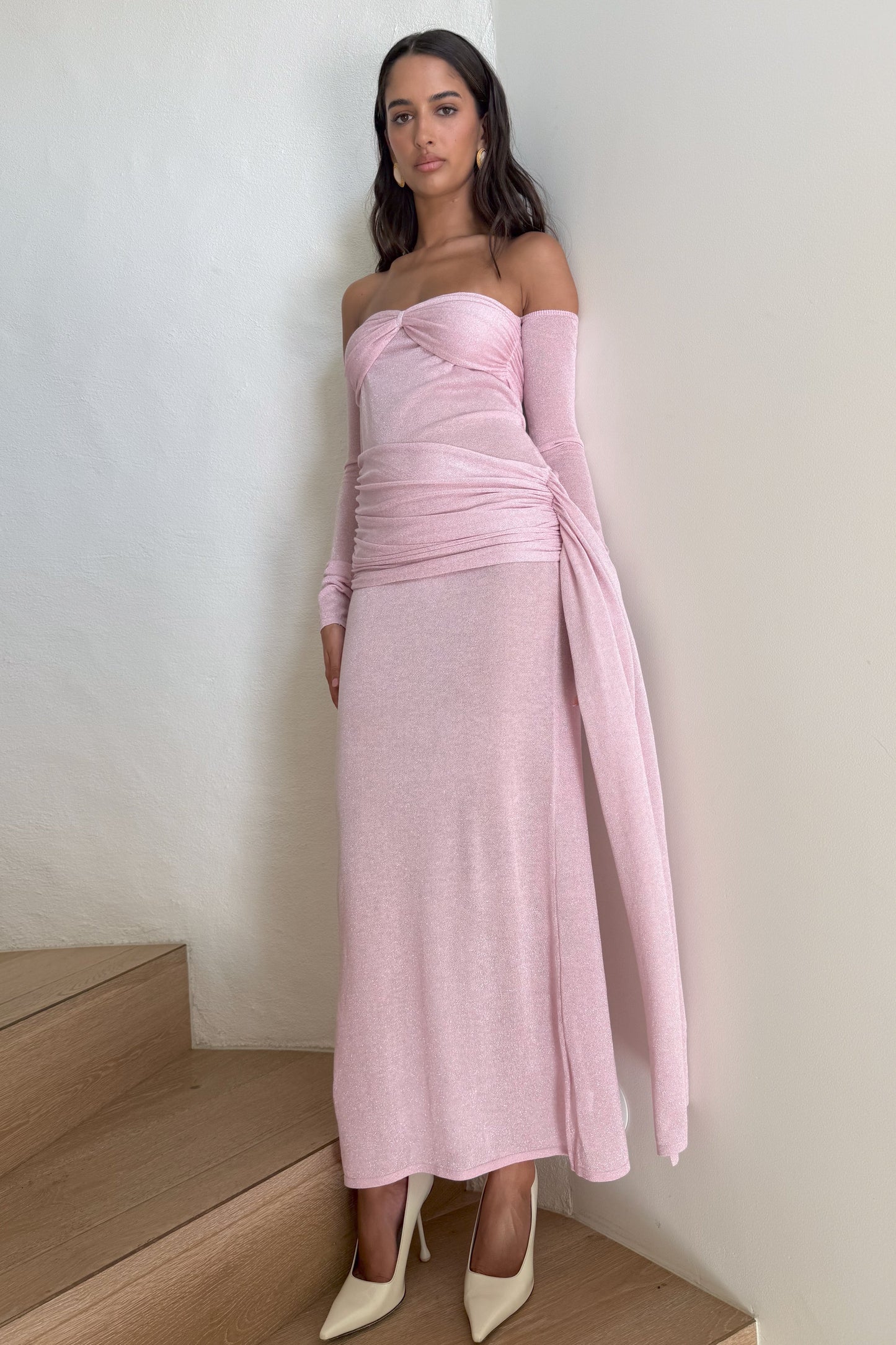 Ingrid Metallic Knit Maxi Dress - Baby Pink