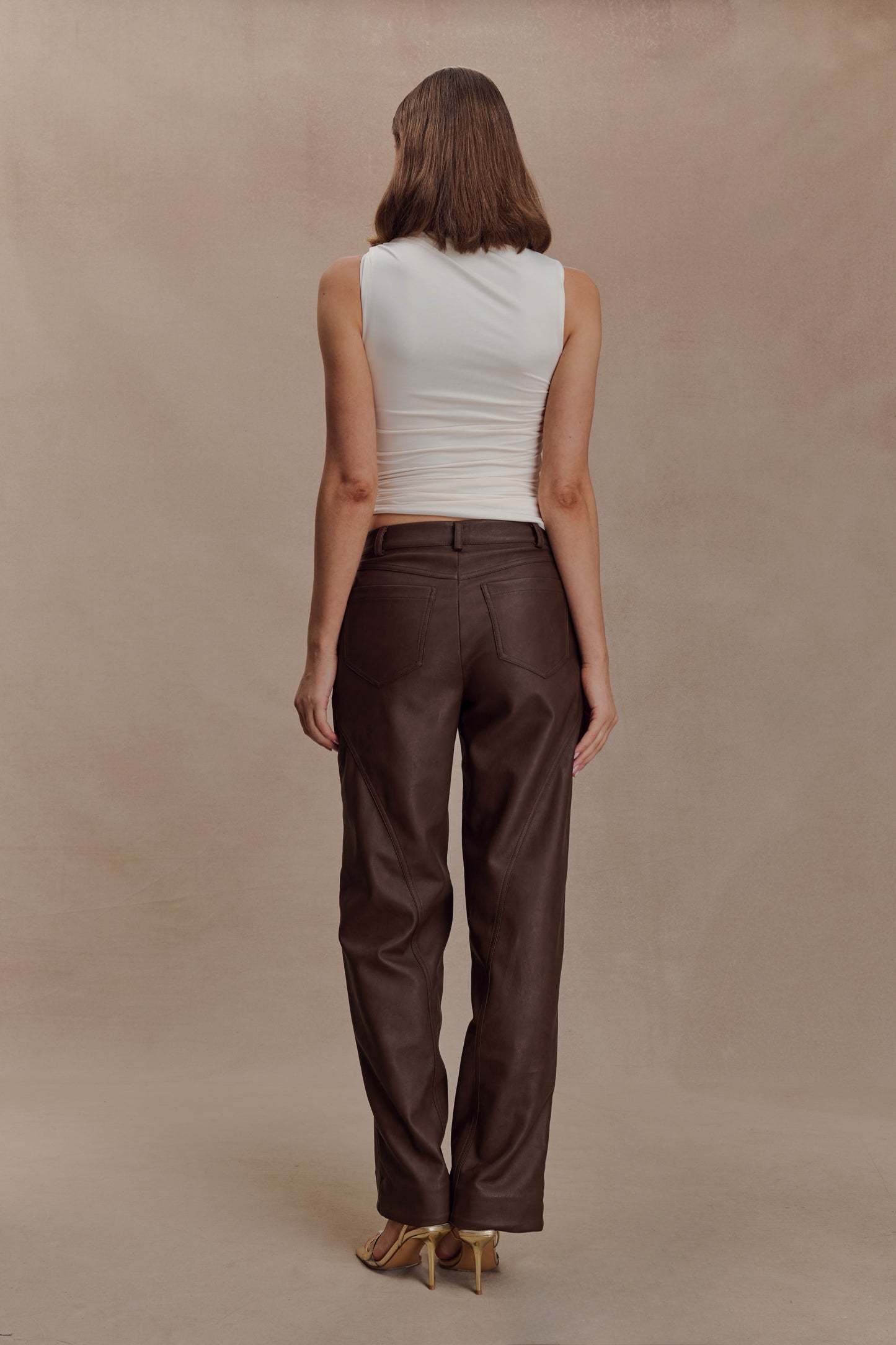 Theo Faux Leather Mid Rise Pants - Dark Chocolate