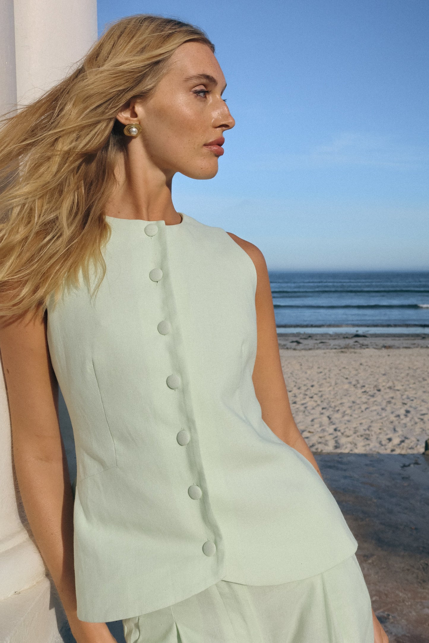 Laurence Sleeveless Linen Longline Top - Mint