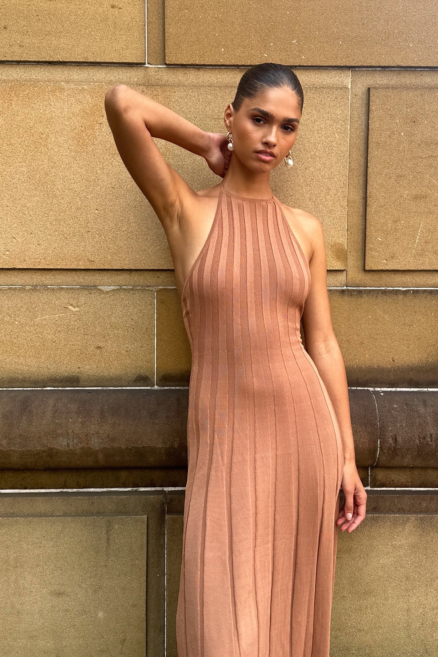 Adrienne Halter Neck Midi Dress - Tan