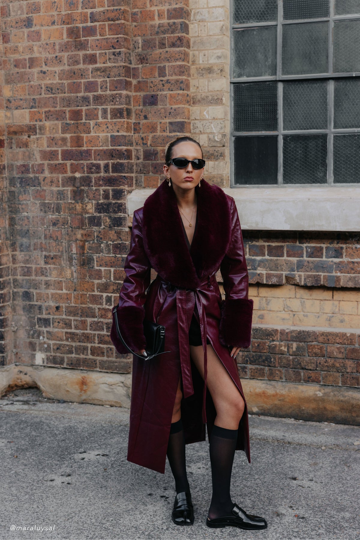 Bec Faux Leather Trench Coat With Faux Fur - Cherry Red #6