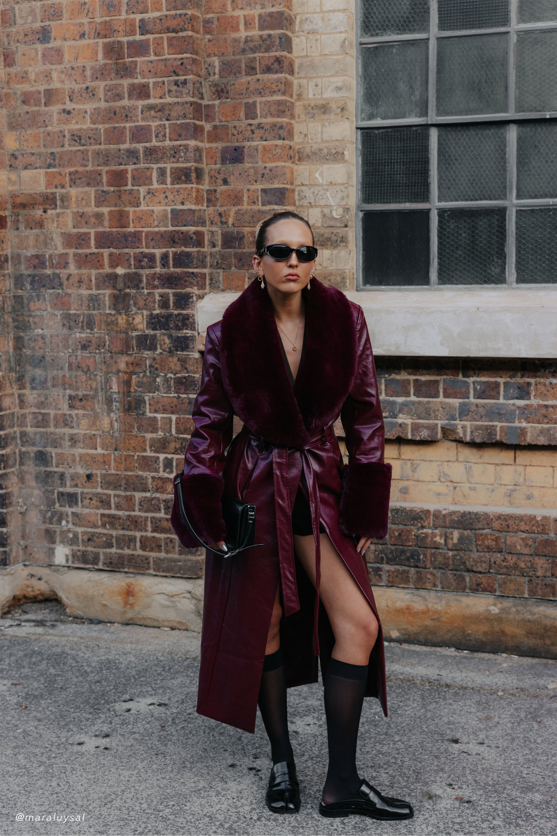 Bec Faux Leather Trench Coat With Faux Fur - Cherry Red #6