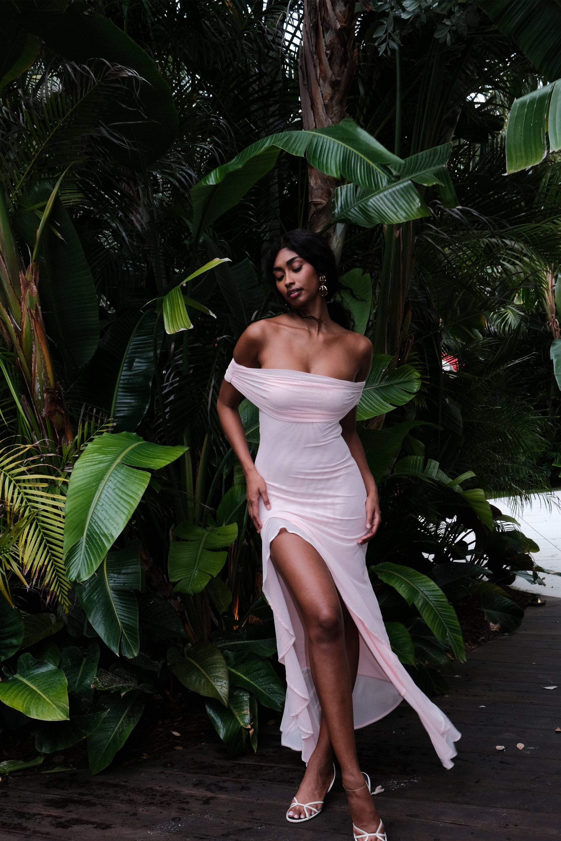 Audrey Off Shoulder Mesh Maxi Dress - Pale Pink #3