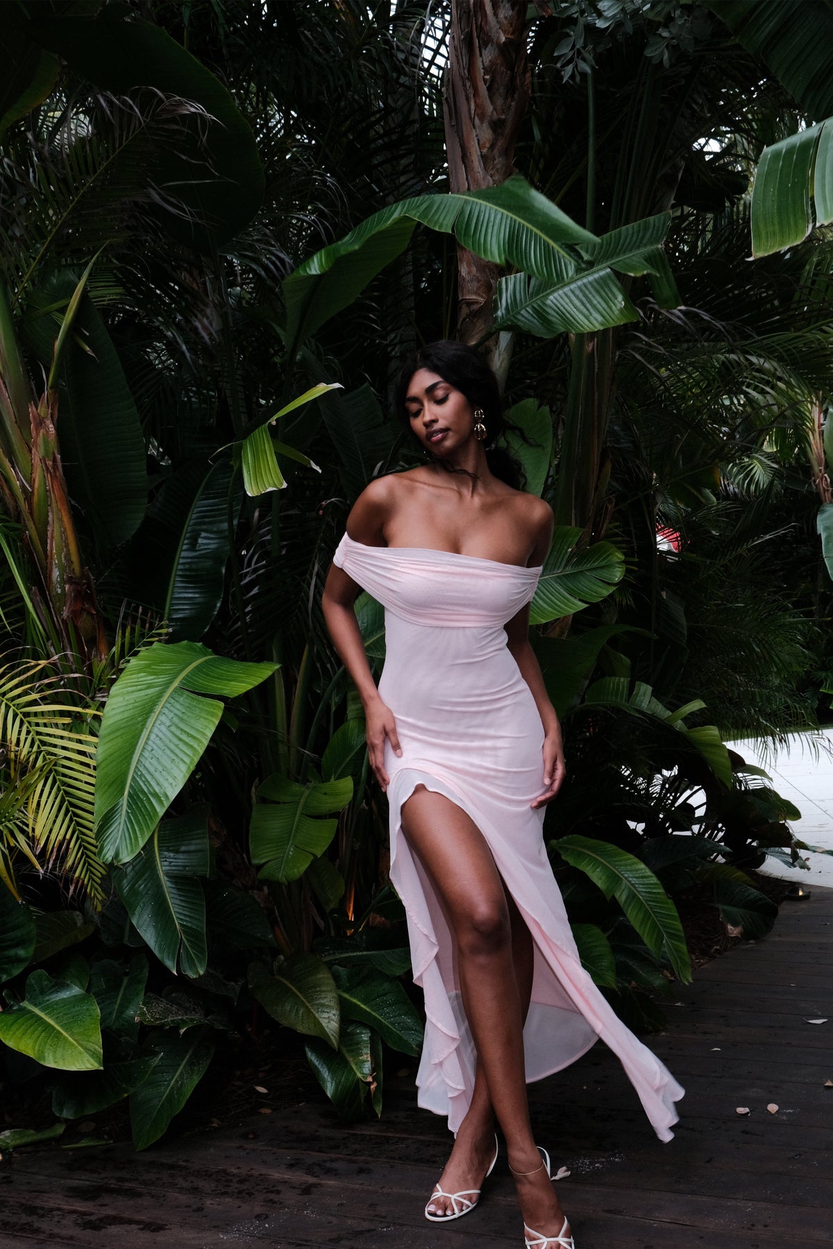 Audrey Off Shoulder Mesh Maxi Dress - Pale Pink #3