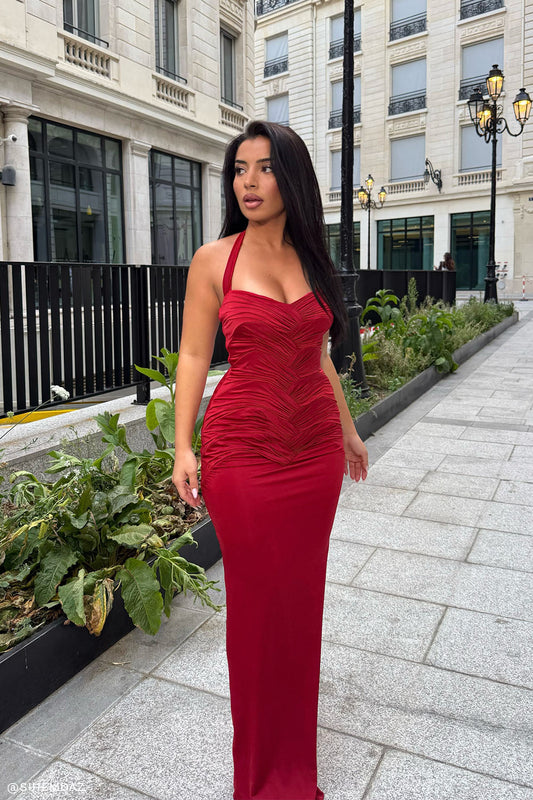 Hoai Gathered Slinky Halter Maxi Dress - Deep Red