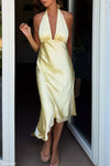 Adelie Asymmetric Hem Halter Midi Dress - Butter