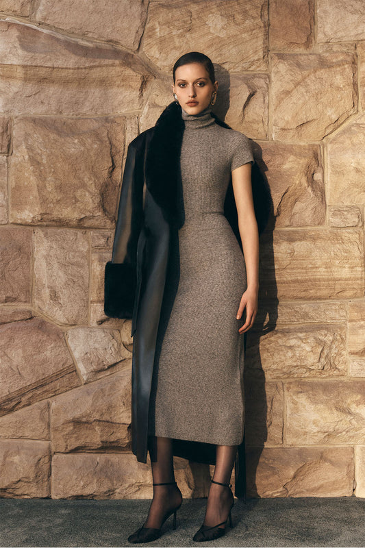 buy winter dresses online Gray Wool Midi Dress with Pleated A-Line Swing Silhouette C1- Gray / S