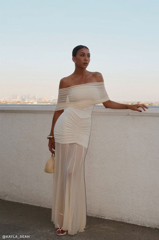 Caspian Slinky And Mesh Off Shoulder Maxi Dress - Ivory