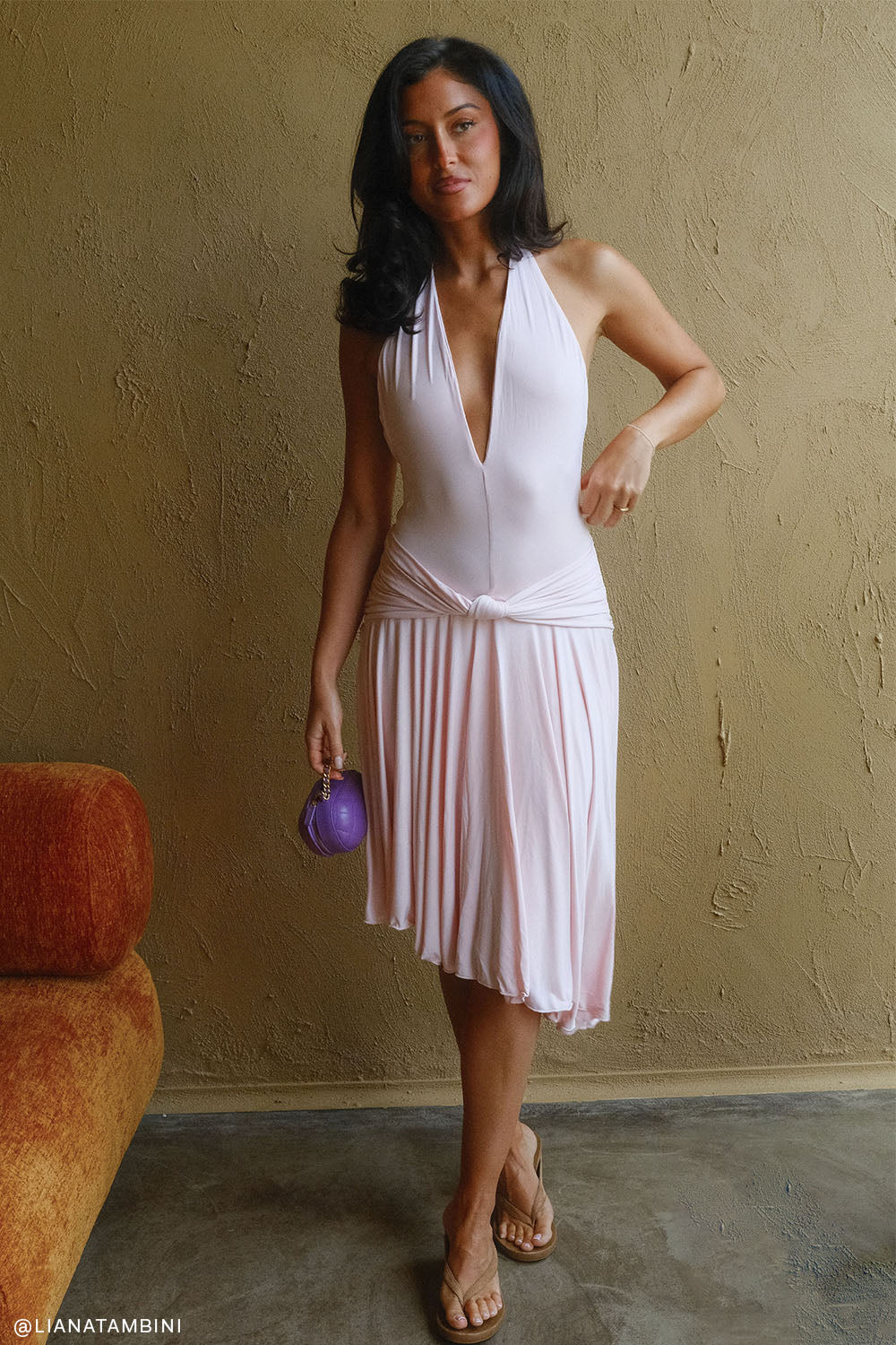 Zelda Asymmetric Slinky Midi Dress - Ballet Pink