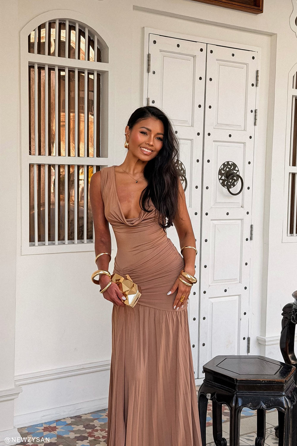 Dania Cowl Neck Slinky Maxi Dress - Mocha Mousse