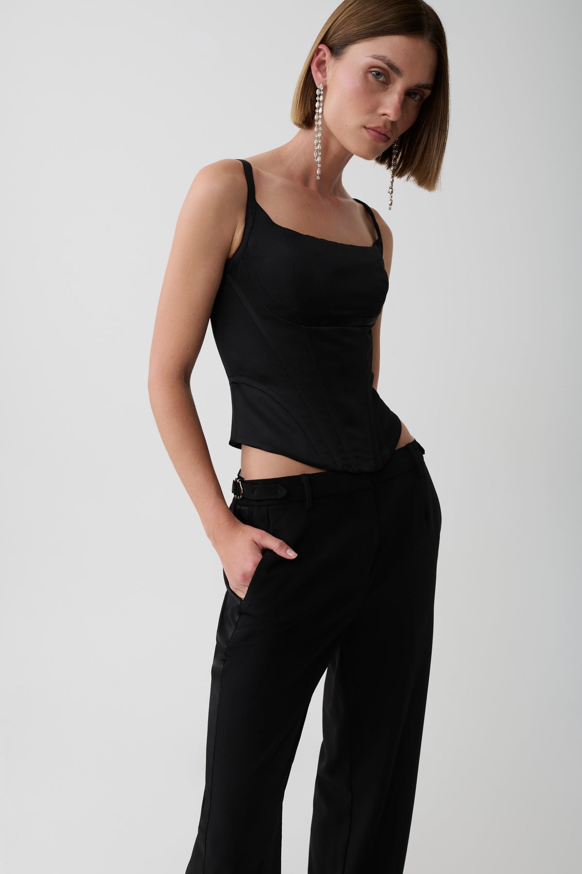 Melina Satin Peplum Corset Top - Black