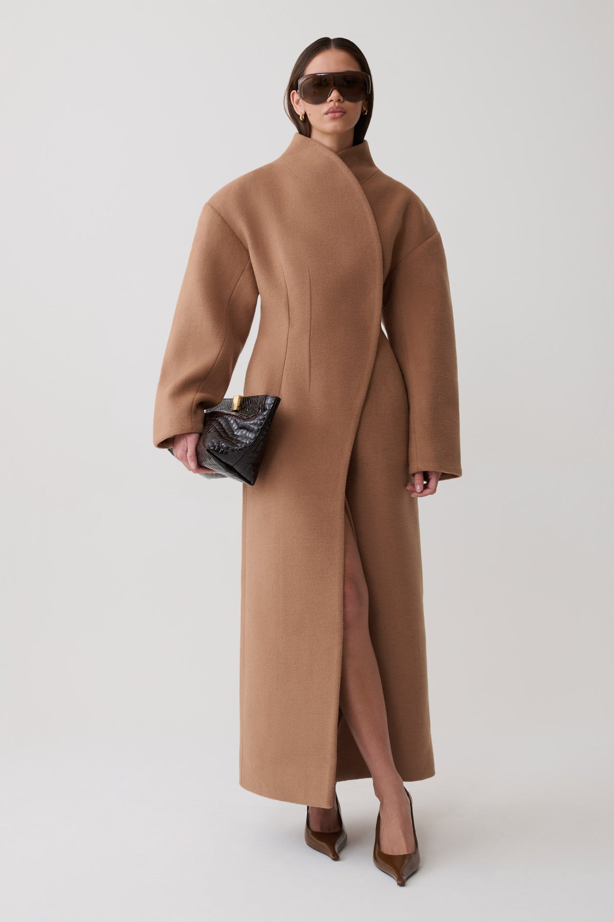 Andrea High Neck Wool Blend Coat - Camel #3