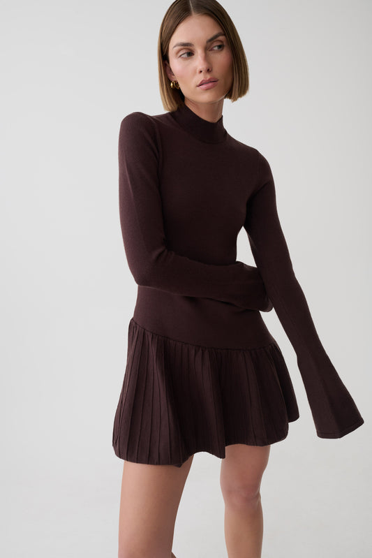 Blair Knit Mini Dress With Pleats - Chocolate