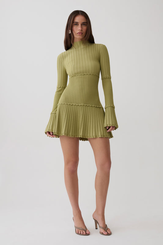 Adena Pointelle Knit Mini Dress - Olive