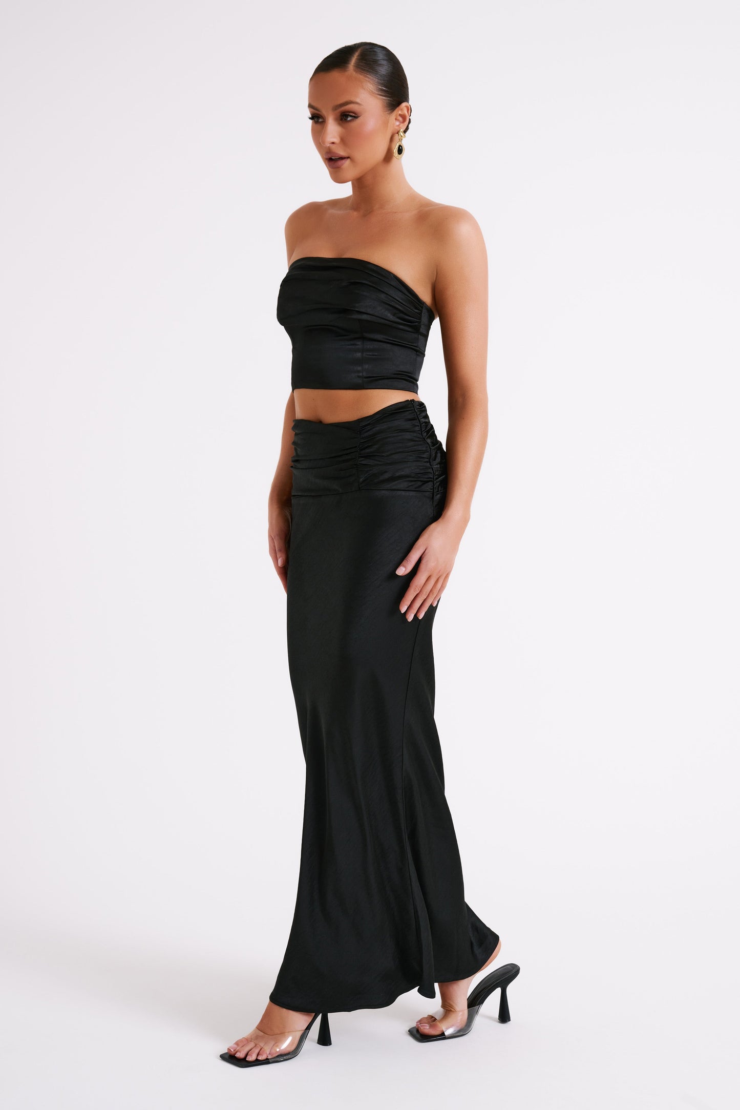 Khalani Ruched Satin Maxi Skirt - Black