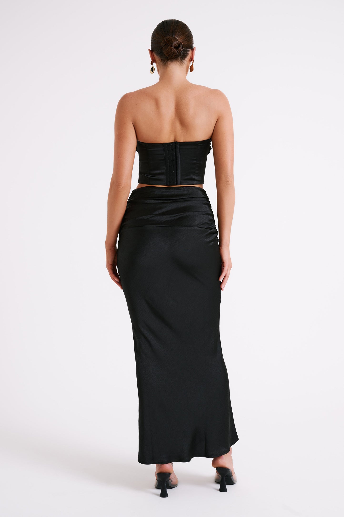 Khalani Ruched Satin Maxi Skirt - Black