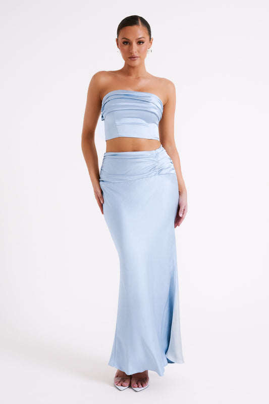 Khalani Ruched Satin Maxi Skirt - Ice Blue