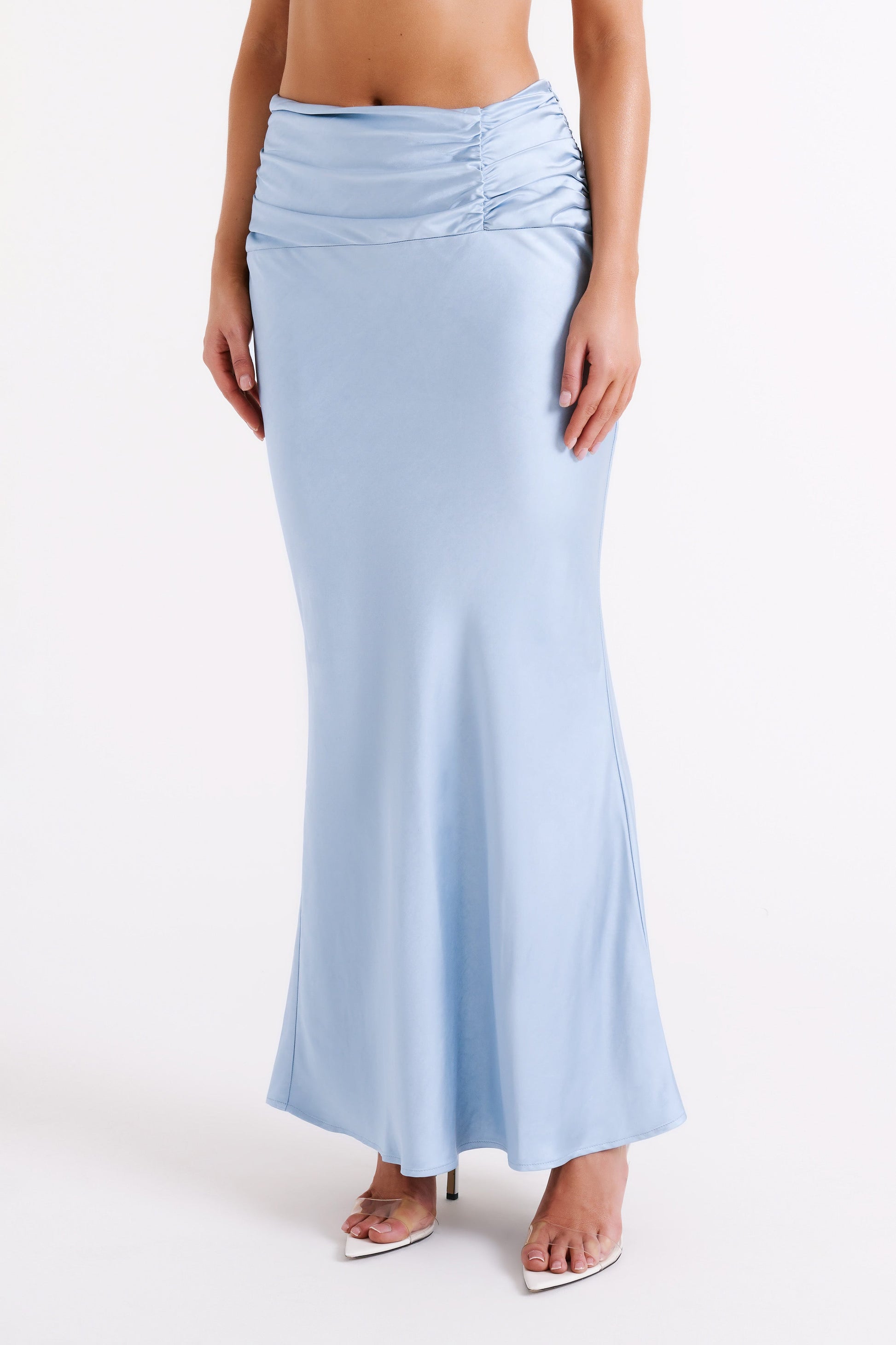 Khalani Ruched Satin Maxi Skirt - Ice Blue #4
