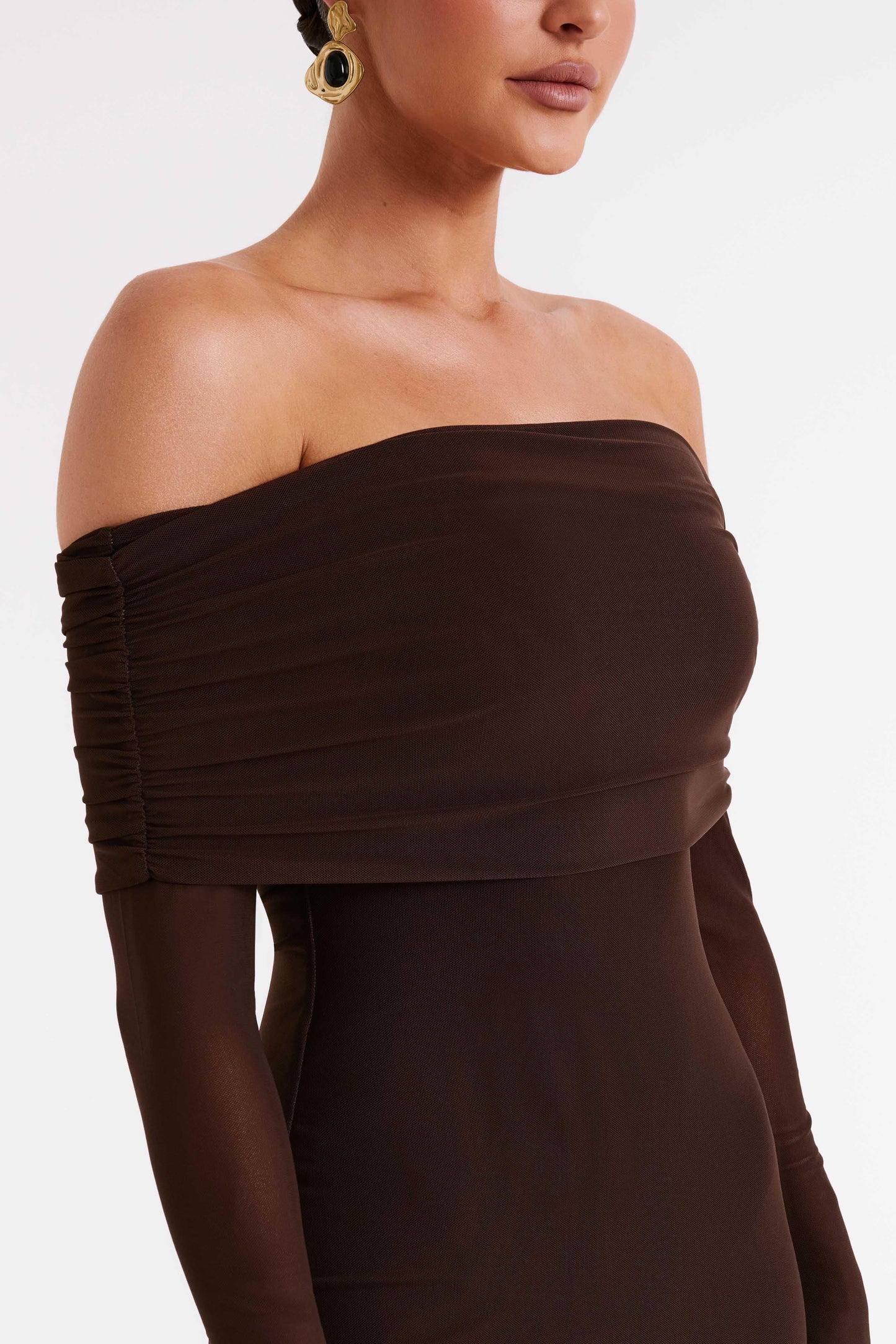 Josie Off Shoulder Mesh Maxi Dress - Dark Brown