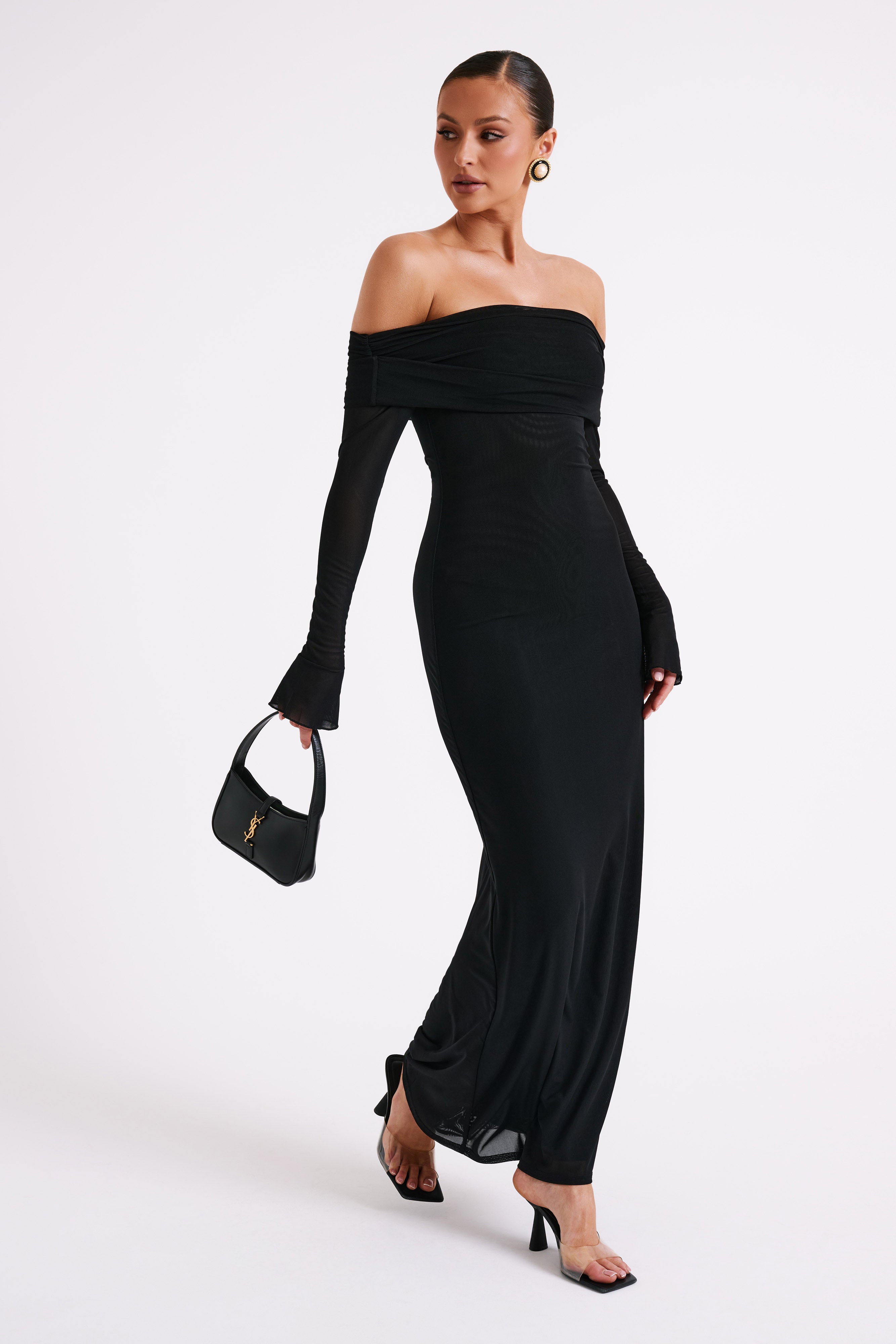 Josie Off Shoulder Mesh Maxi Dress Black MESHKI UK