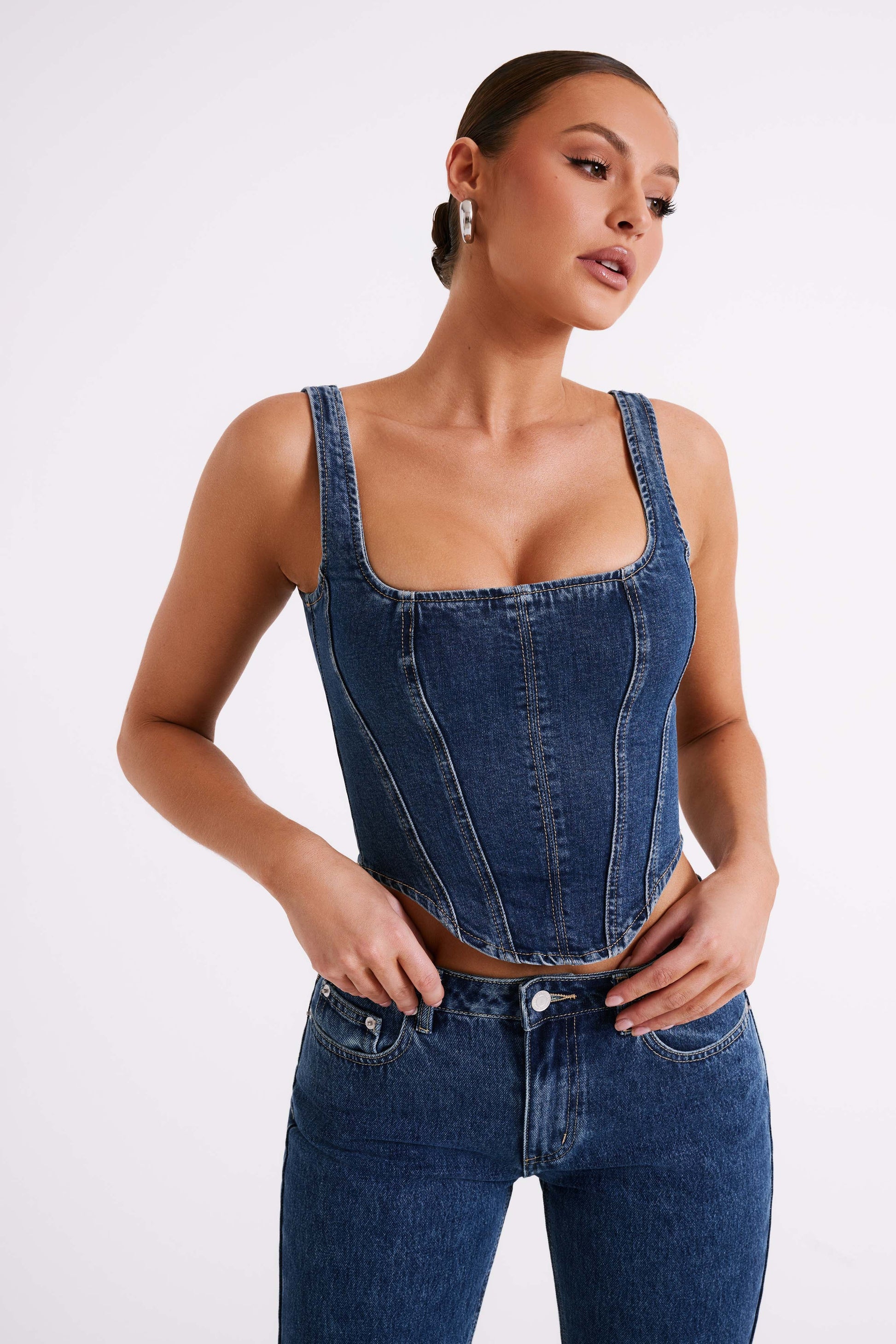Bianca Denim Lace Up Corset - Dark Blue #7