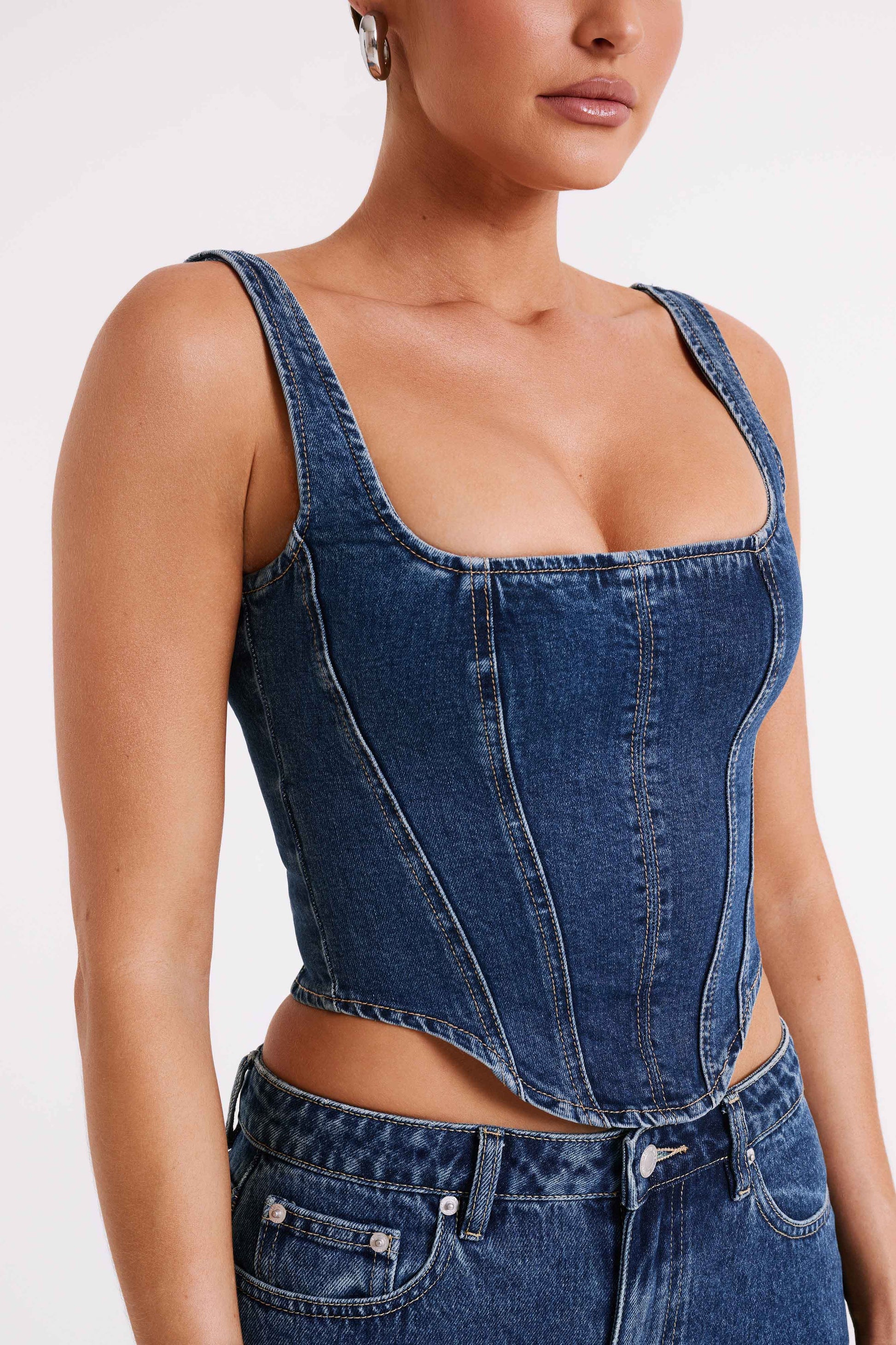 Bianca Denim Lace Up Corset - Dark Blue #2
