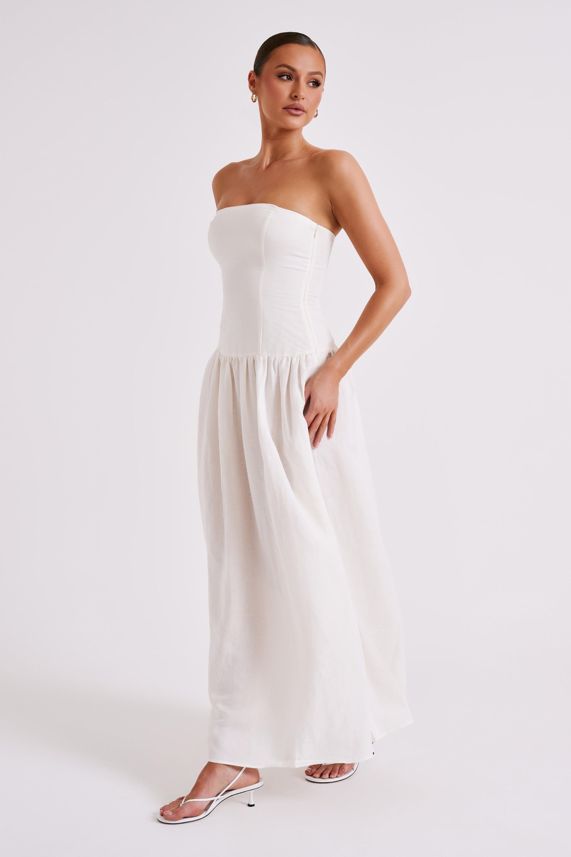 Audrina Strapless Linen Maxi Dress - White #8