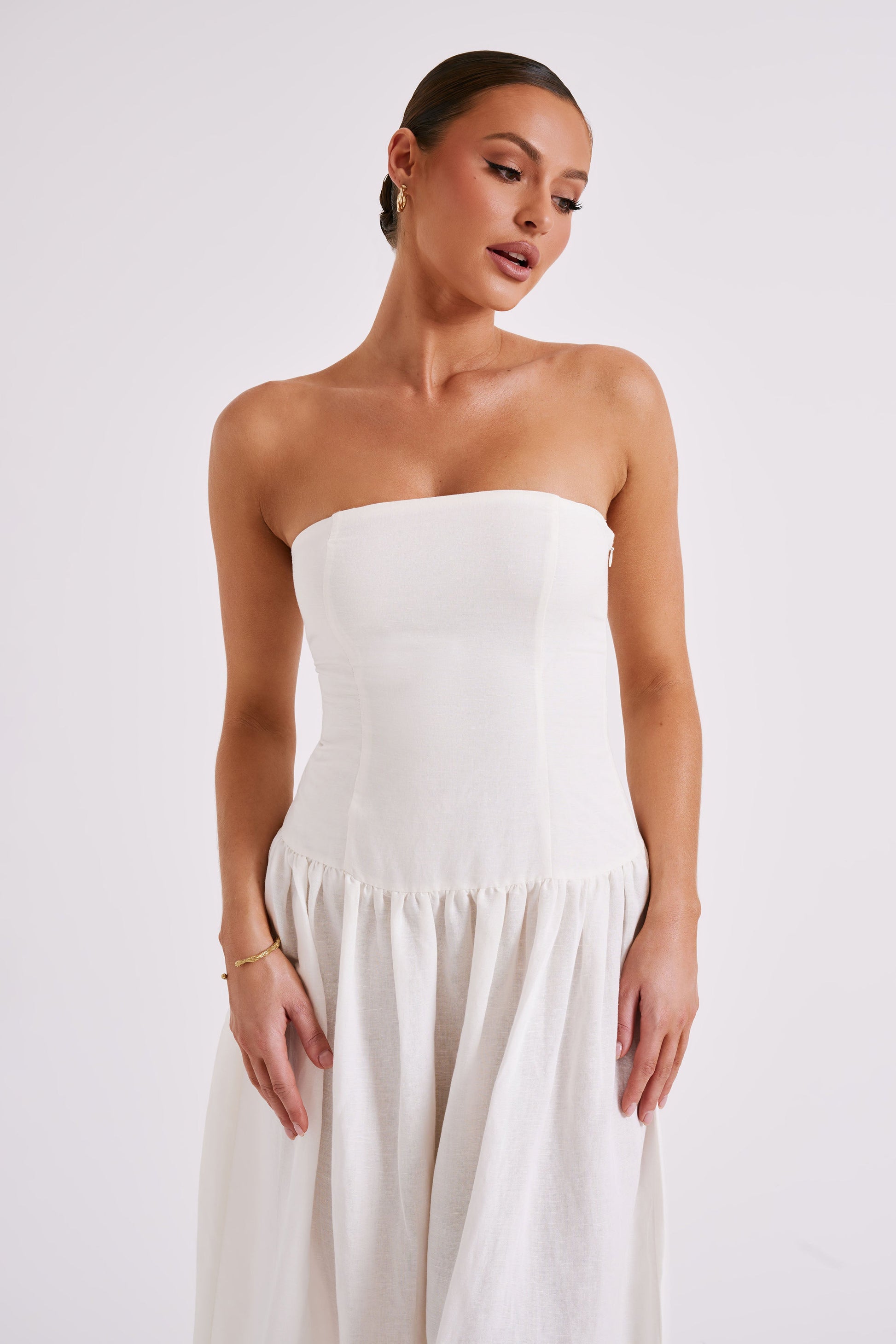 Audrina Strapless Linen Maxi Dress - White #10
