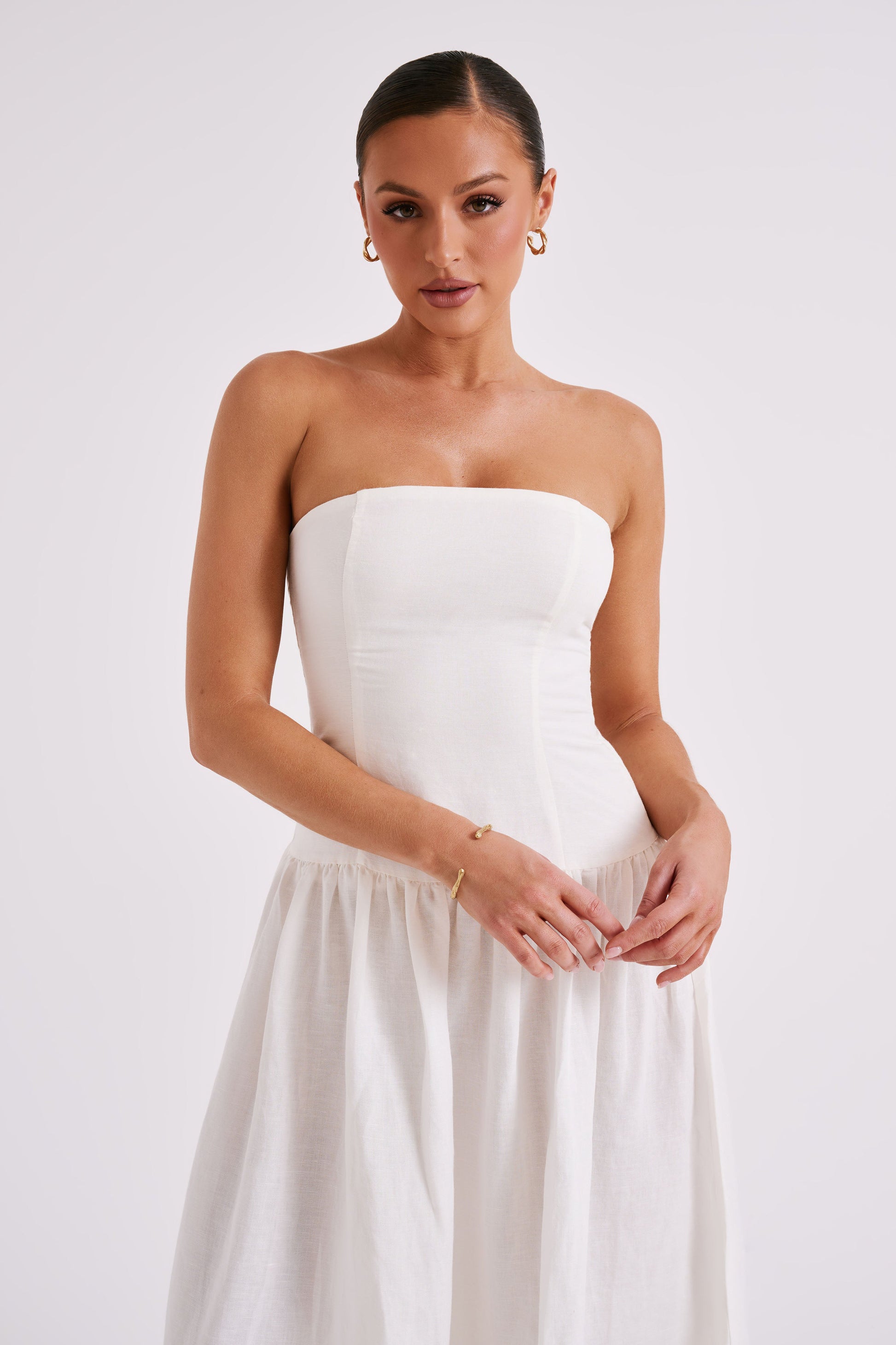 Audrina Strapless Linen Maxi Dress - White #9
