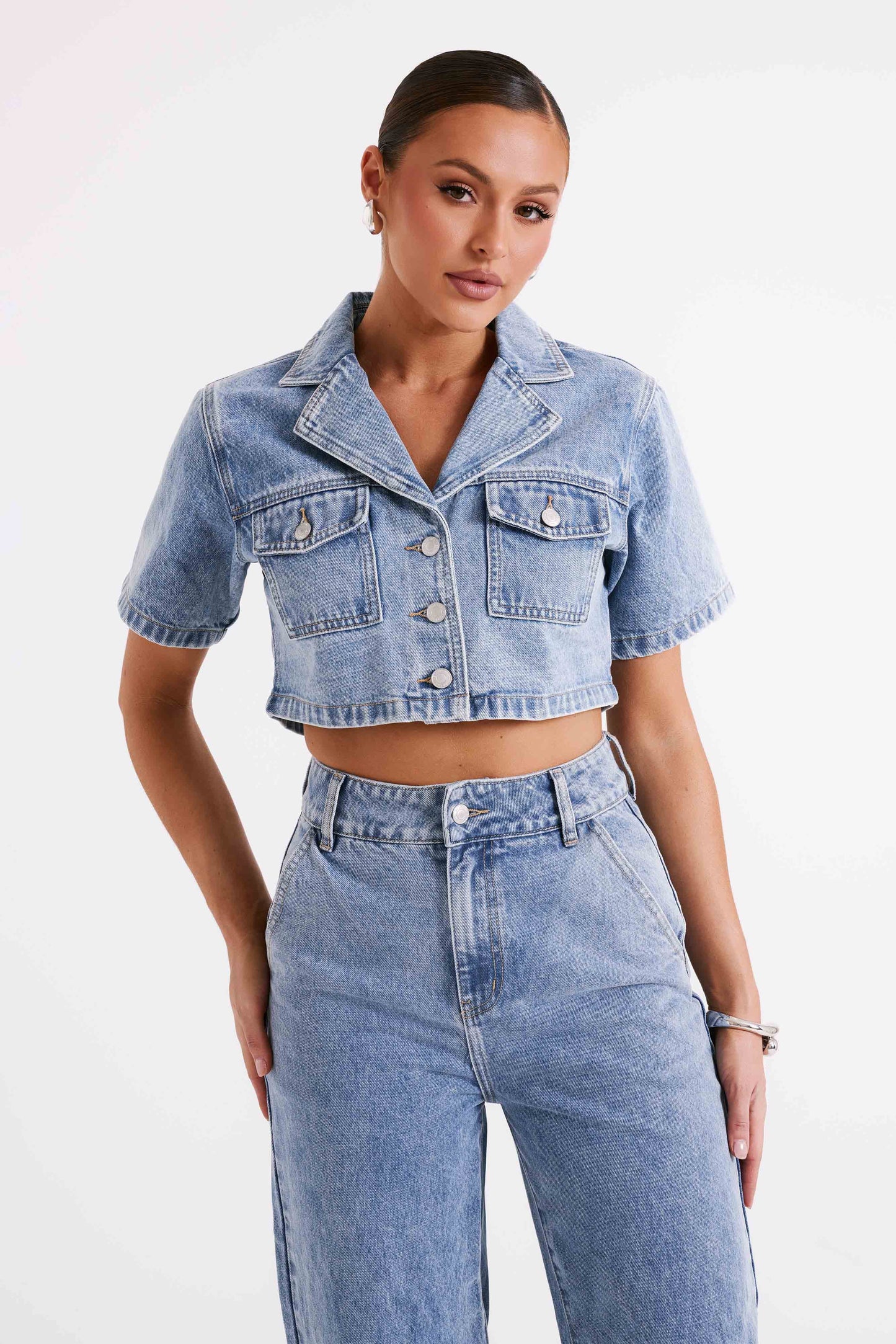 Annabelle Denim Crop Shirt - Vintage Blue