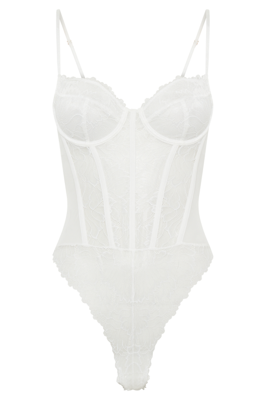 Daisy Lace Mesh Bodysuit - White