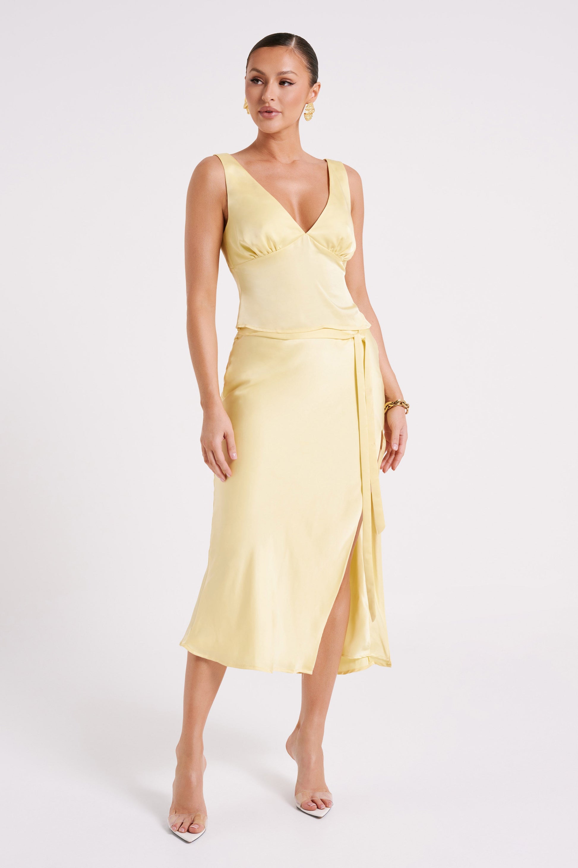 Edie Satin Midi Skirt With Tie - Yellow #5