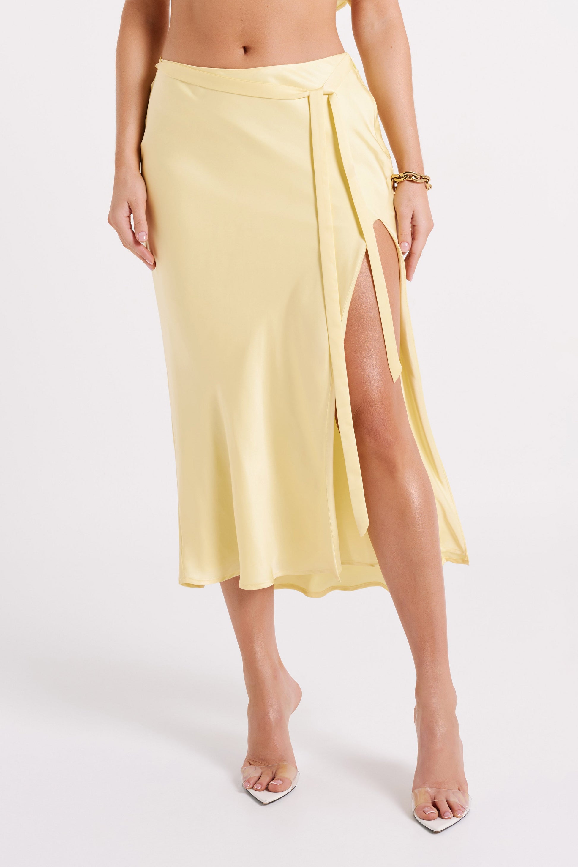 Edie Satin Midi Skirt With Tie - Yellow #3