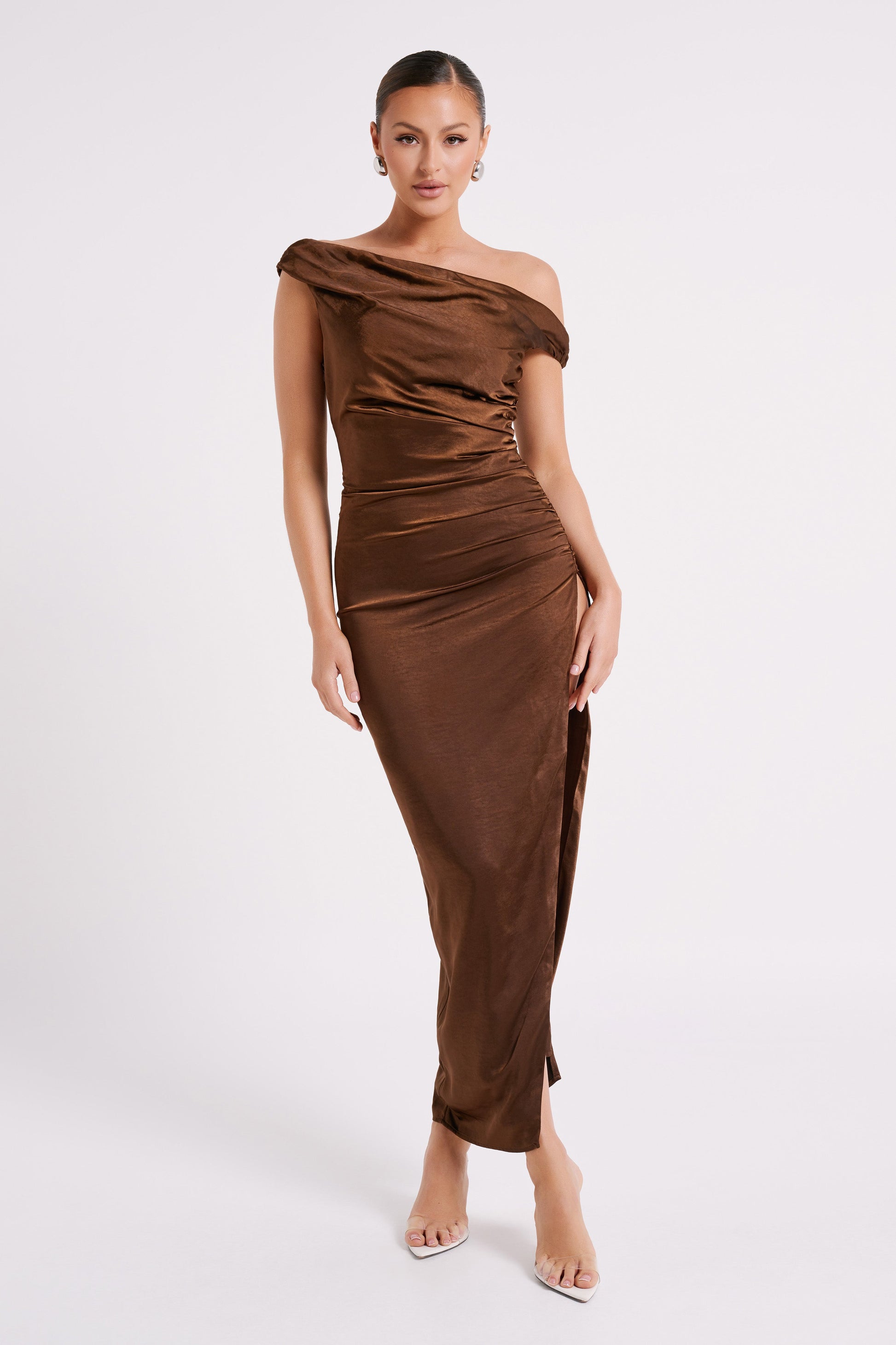 Arianne Draped Satin Maxi Dress - Dark Chocolate #4