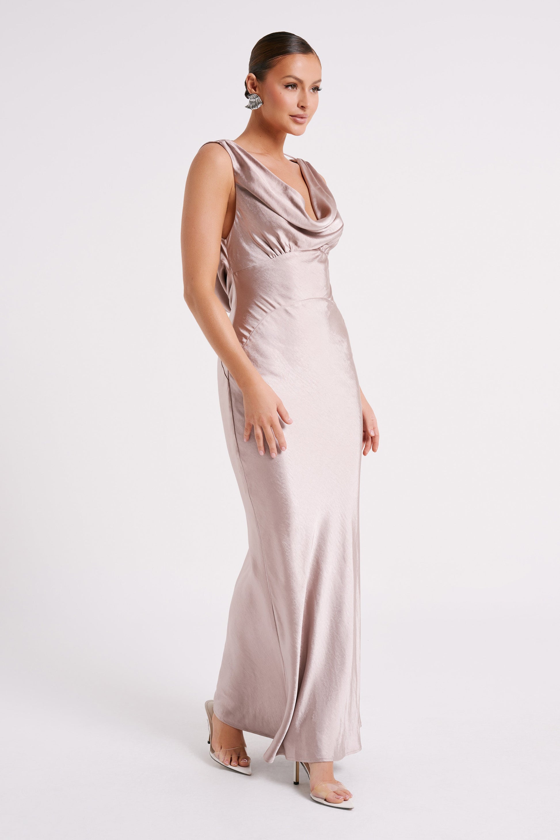 Angelique Satin Cowl Back Maxi Dress - Taupe #4
