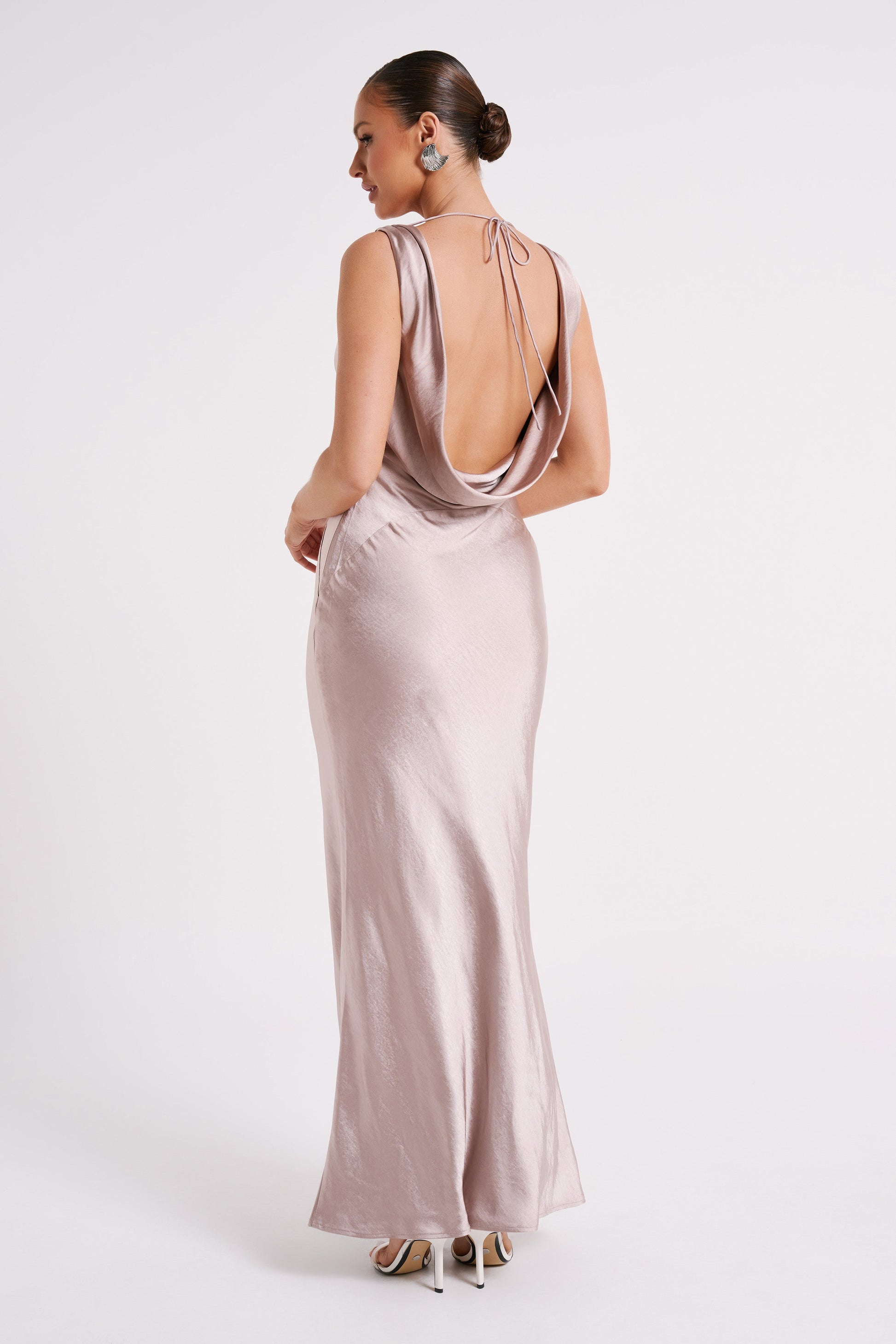 Angelique Satin Cowl Back Maxi Dress - Taupe #2