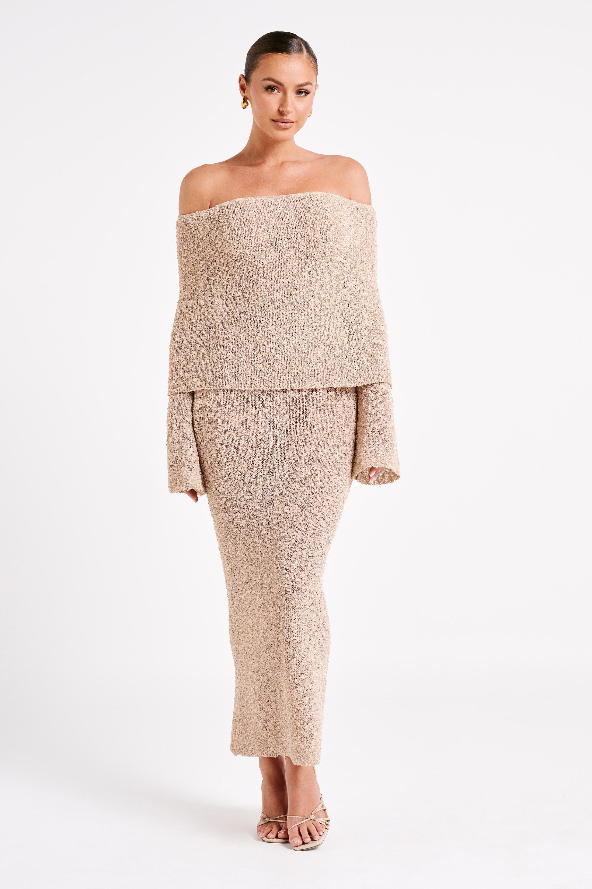 Marisol Off Shoulder Boucle Maxi Dress - Wheat #7