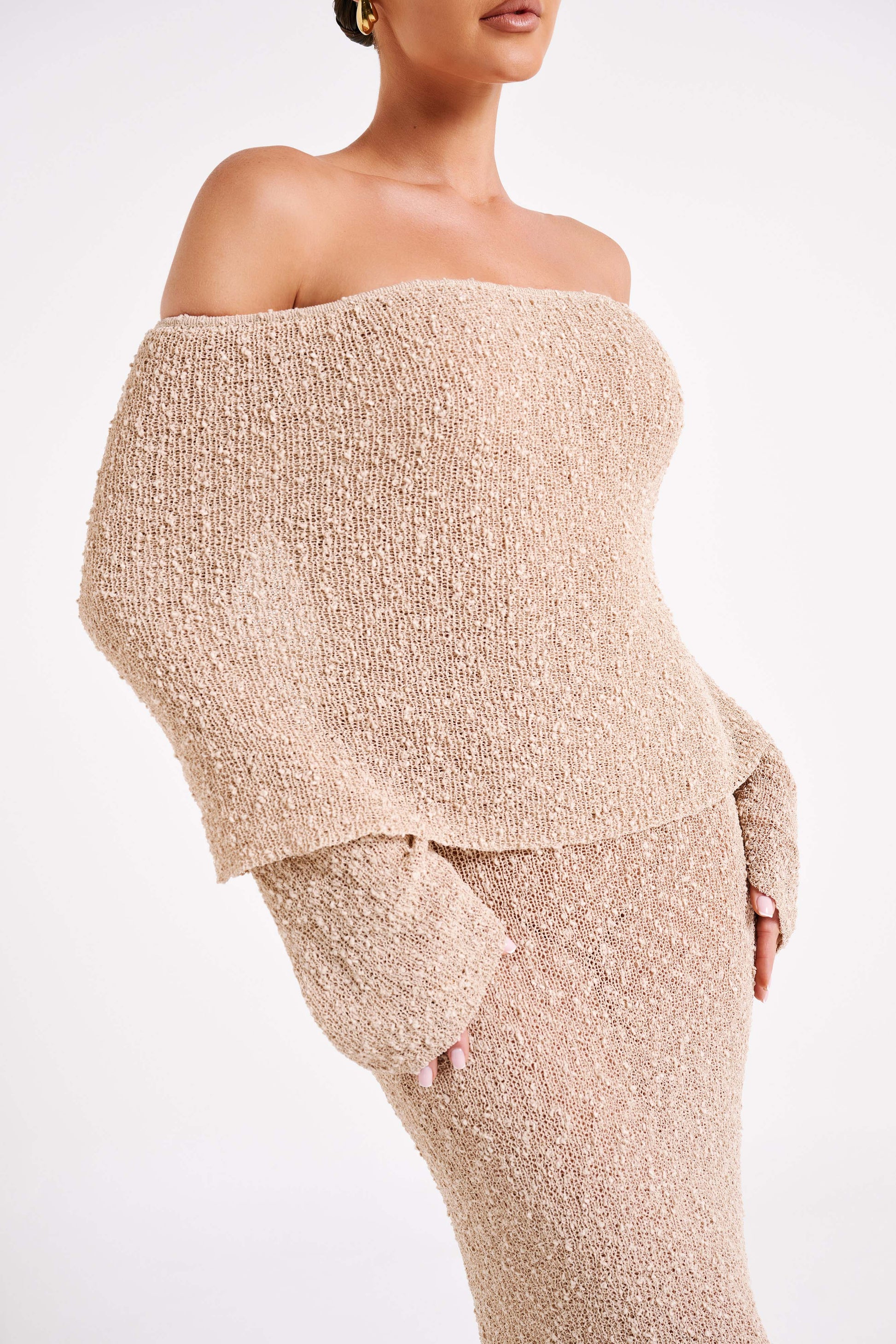 Marisol Off Shoulder Boucle Maxi Dress - Wheat #3