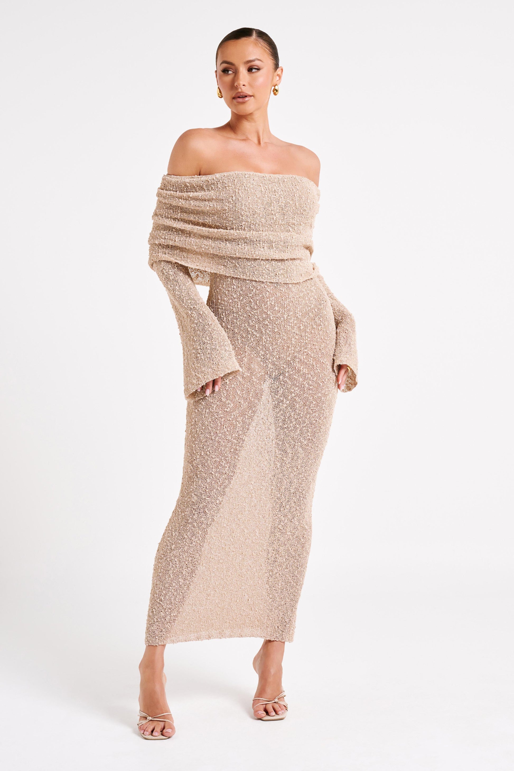 Marisol Off Shoulder Boucle Maxi Dress - Wheat #4