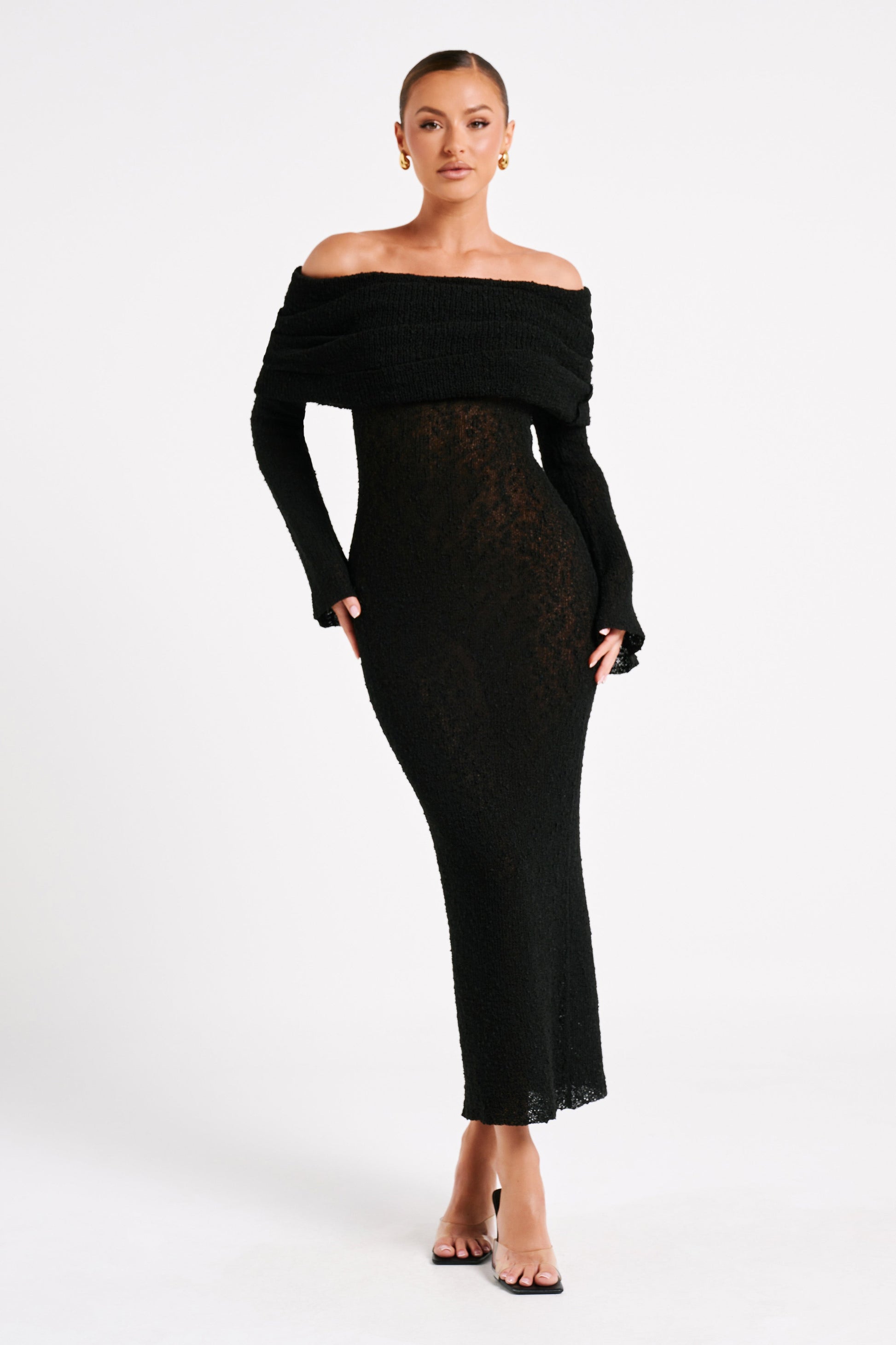 Marisol Off Shoulder Boucle Maxi Dress - Black #7