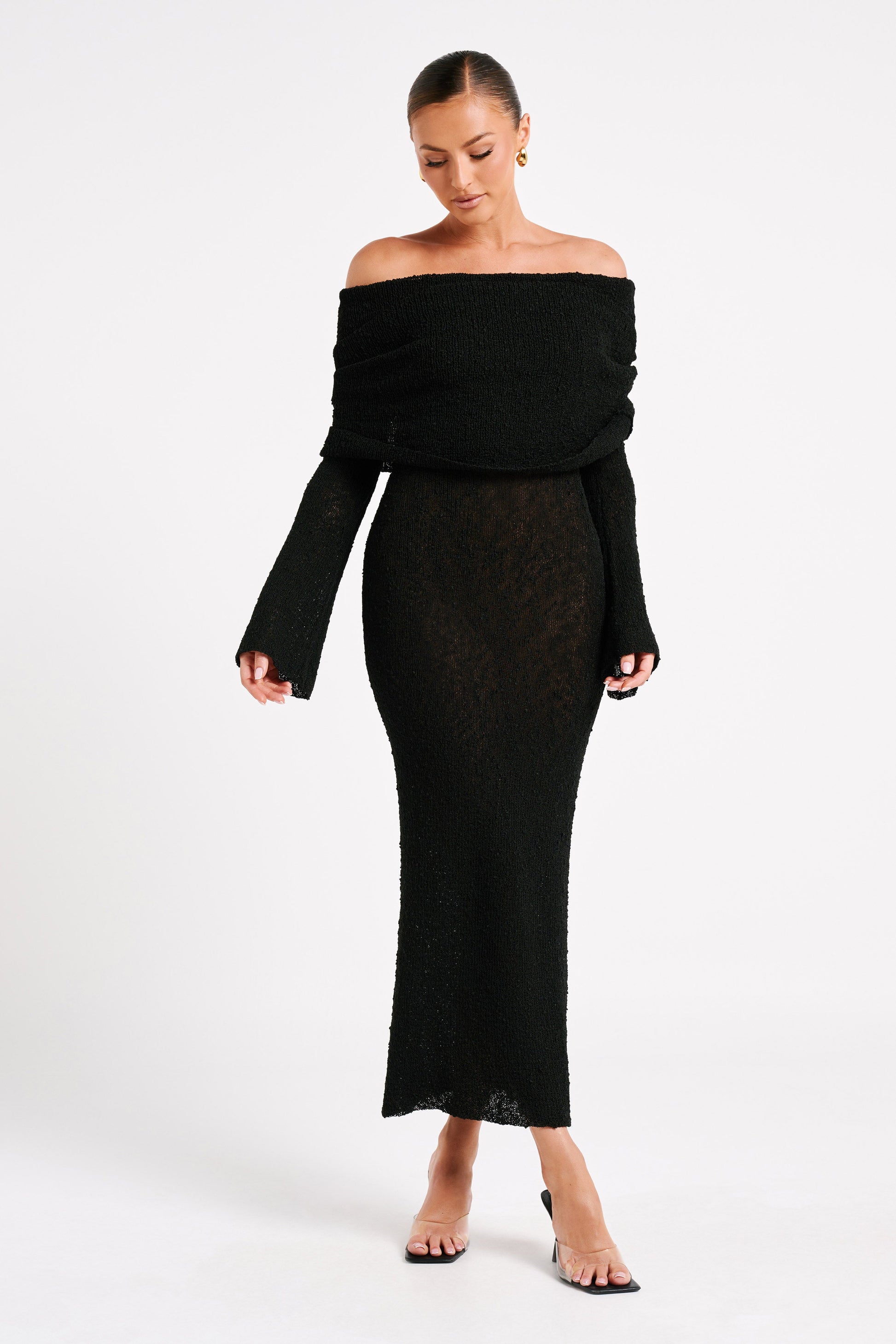 Marisol Off Shoulder Boucle Maxi Dress - Black #4