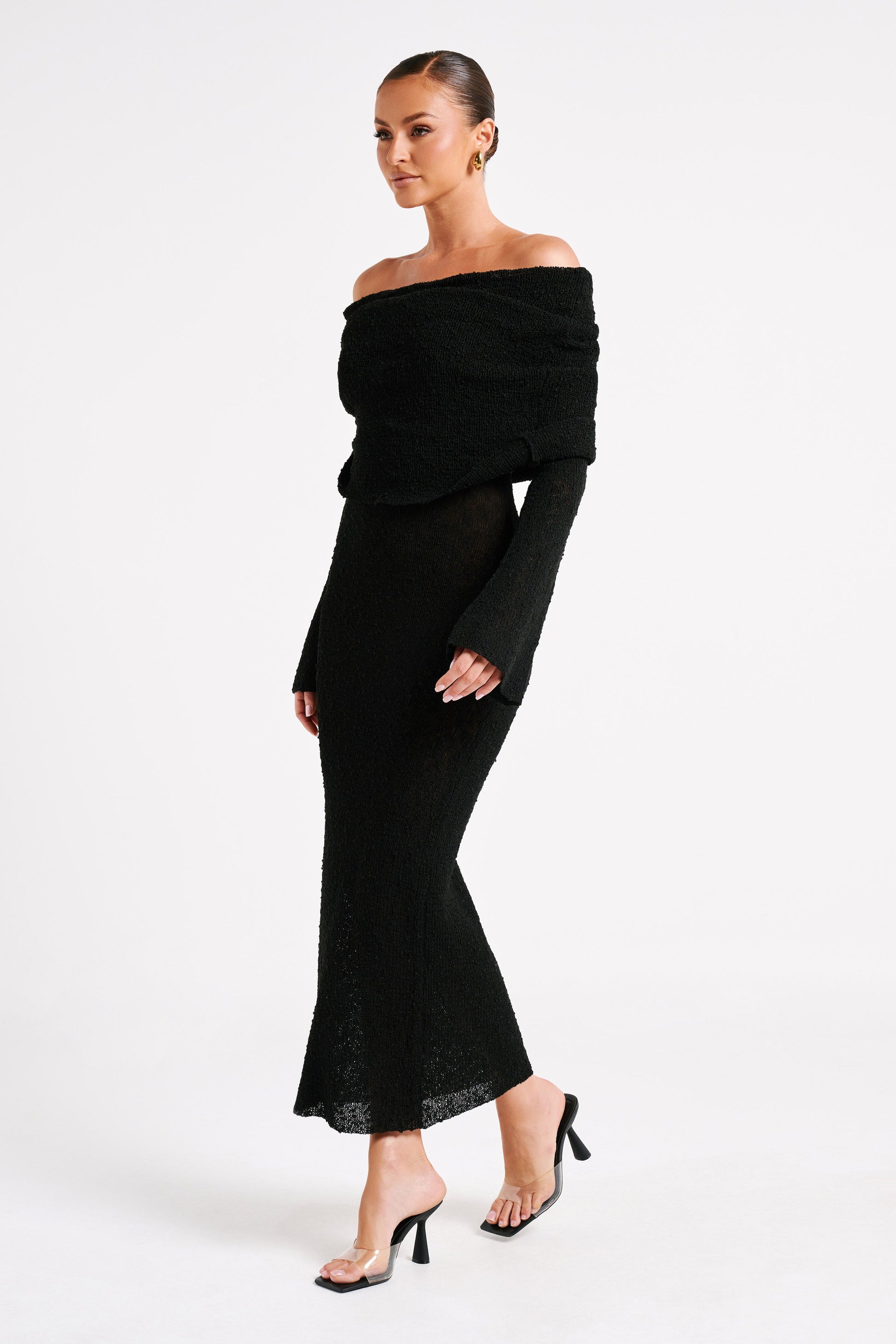 Marisol Off Shoulder Boucle Maxi Dress - Black #6