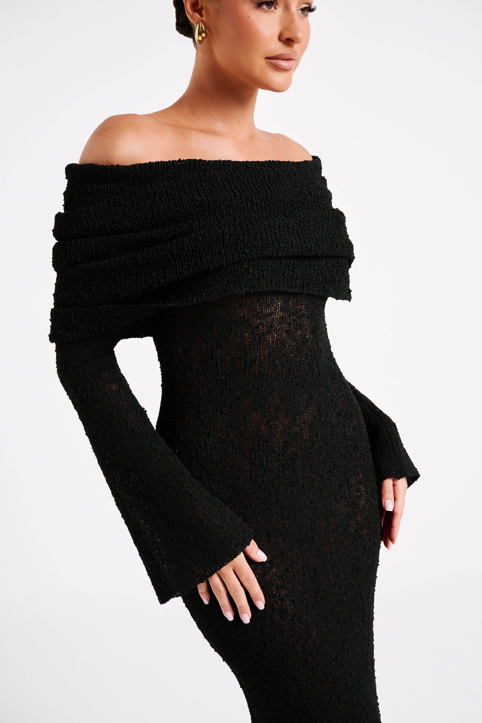 Marisol Off Shoulder Boucle Maxi Dress - Black #3
