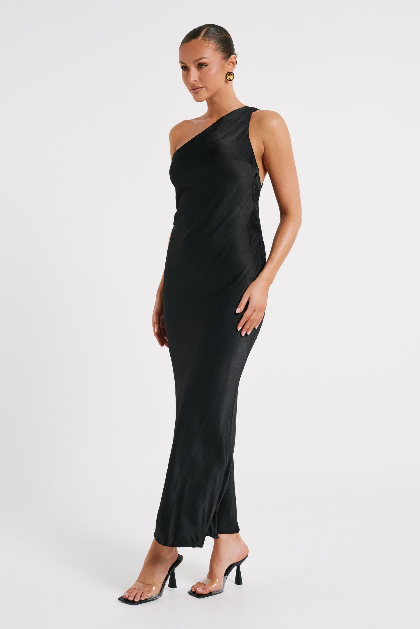 Alejandra One Shoulder Satin Maxi Dress - Black