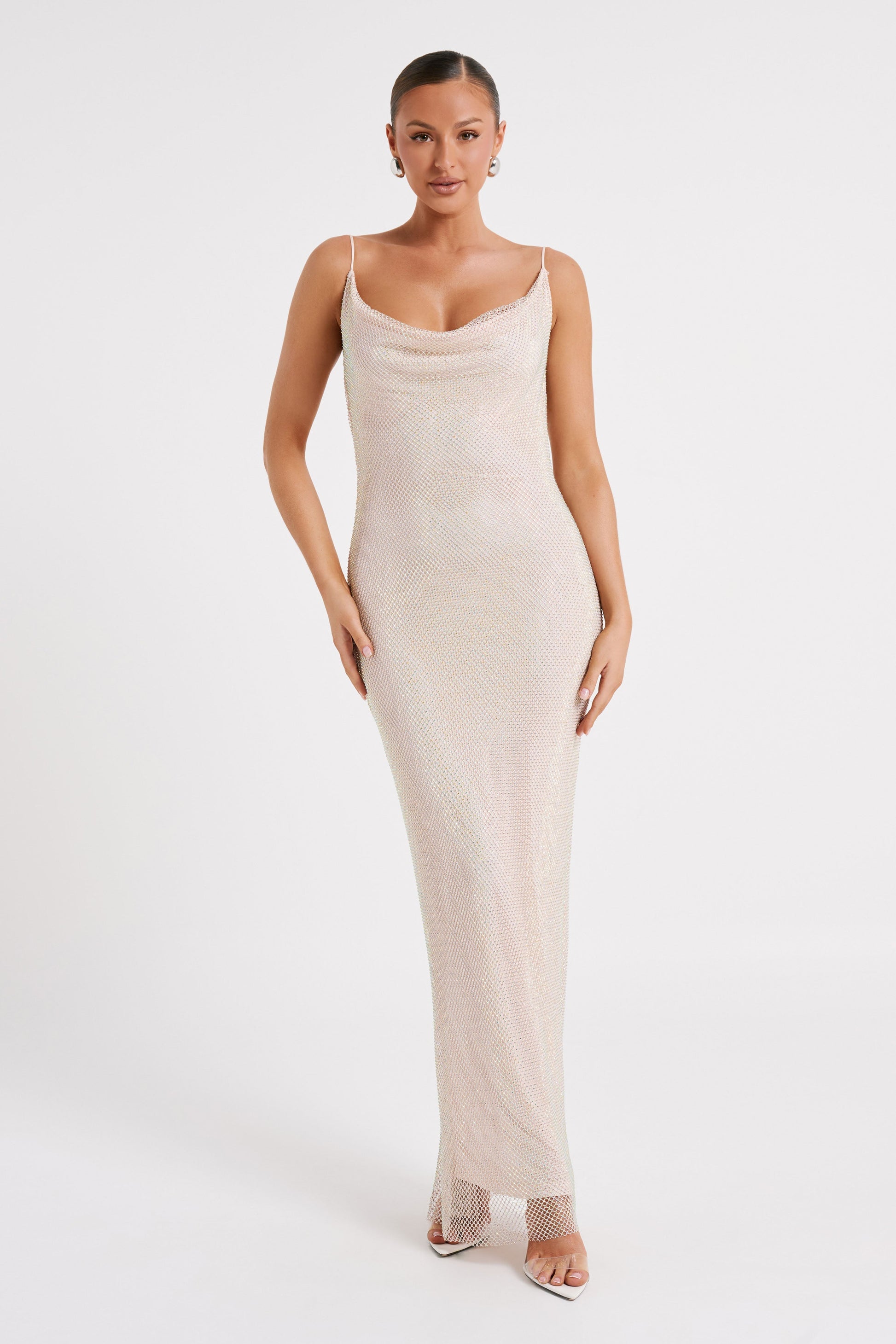 Madelaine Diamante Mesh Cowl Maxi Dress - Cream #6