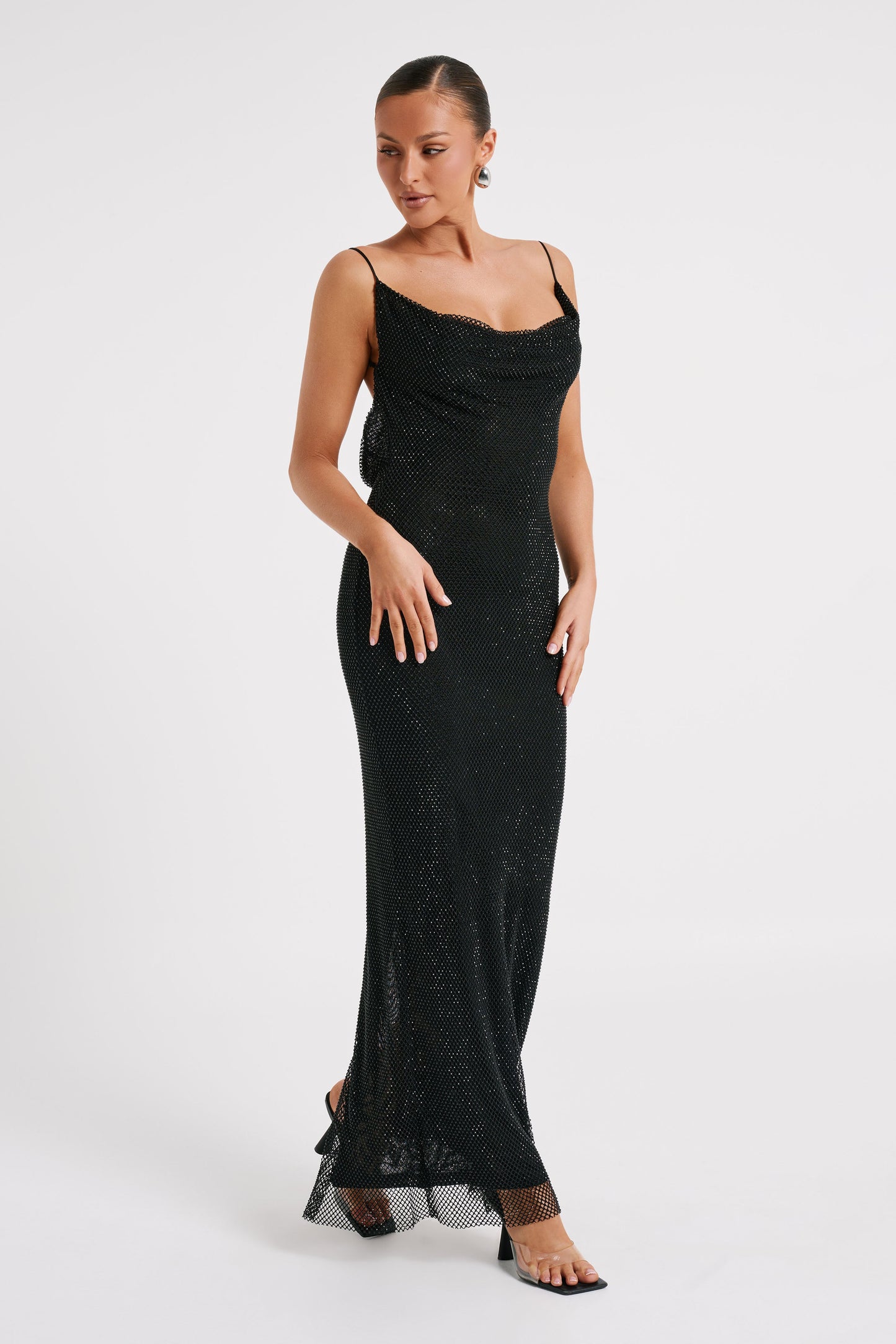 Madelaine Diamante Mesh Cowl Maxi Dress - Black