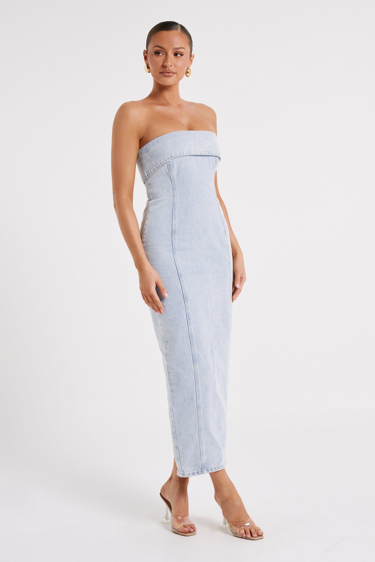 Katherine Strapless Denim Midi Dress - Light Blue