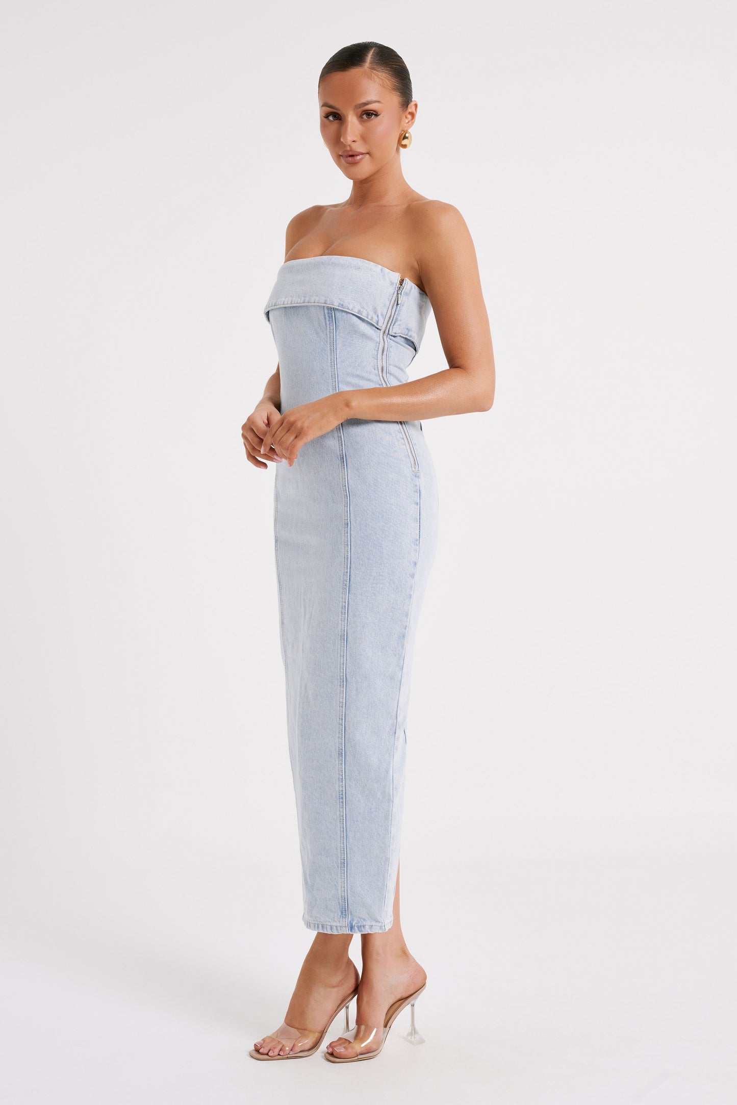 Katherine Strapless Denim Midi Dress - Light Blue