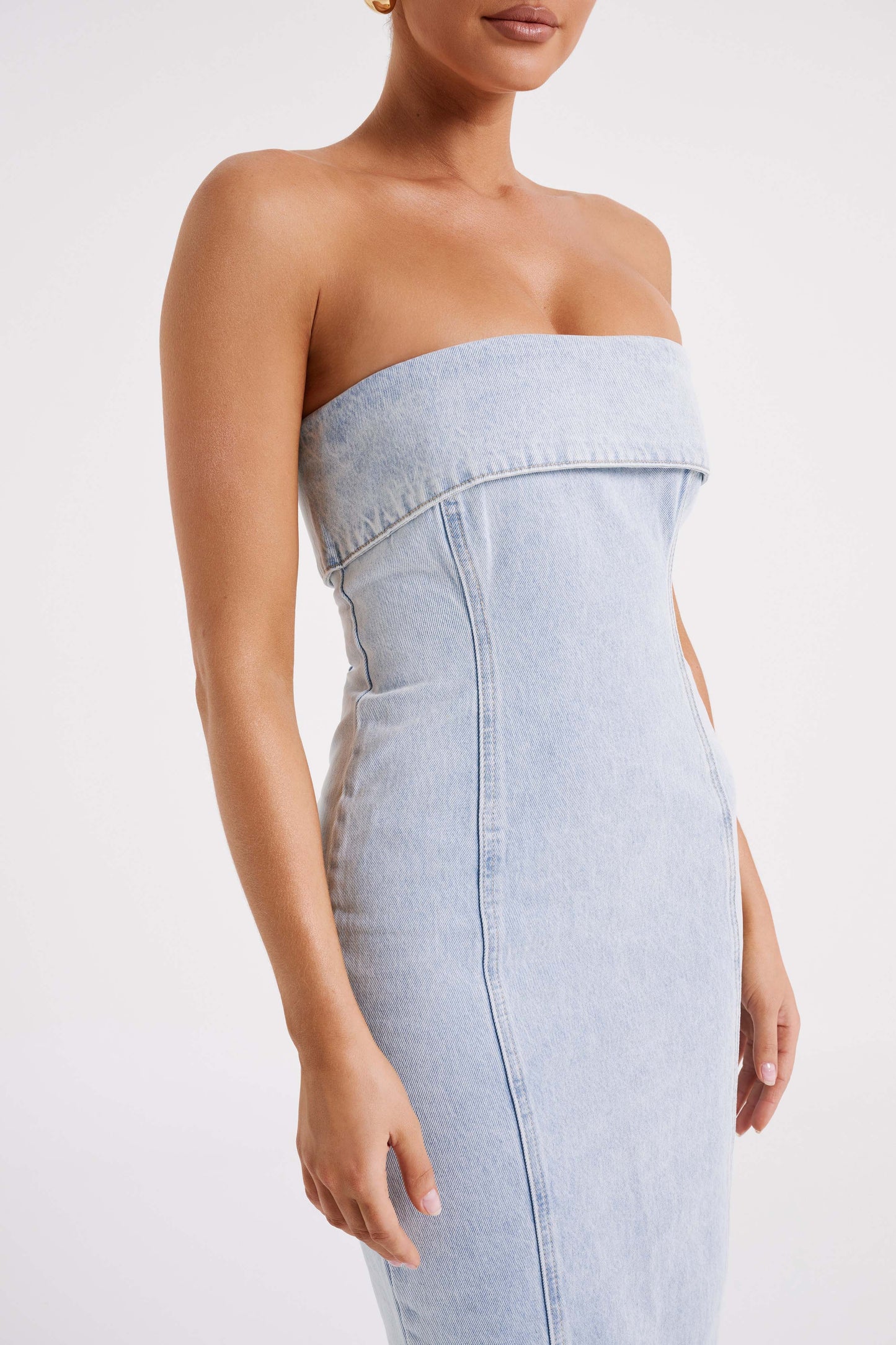 Katherine Strapless Denim Midi Dress - Light Blue