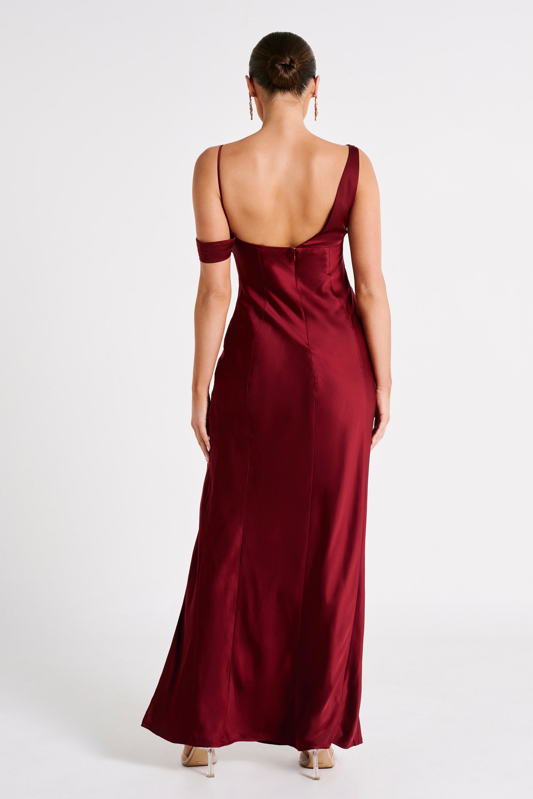 Soleil Satin Off Shoulder Maxi Dress - Berry - MESHKI UK